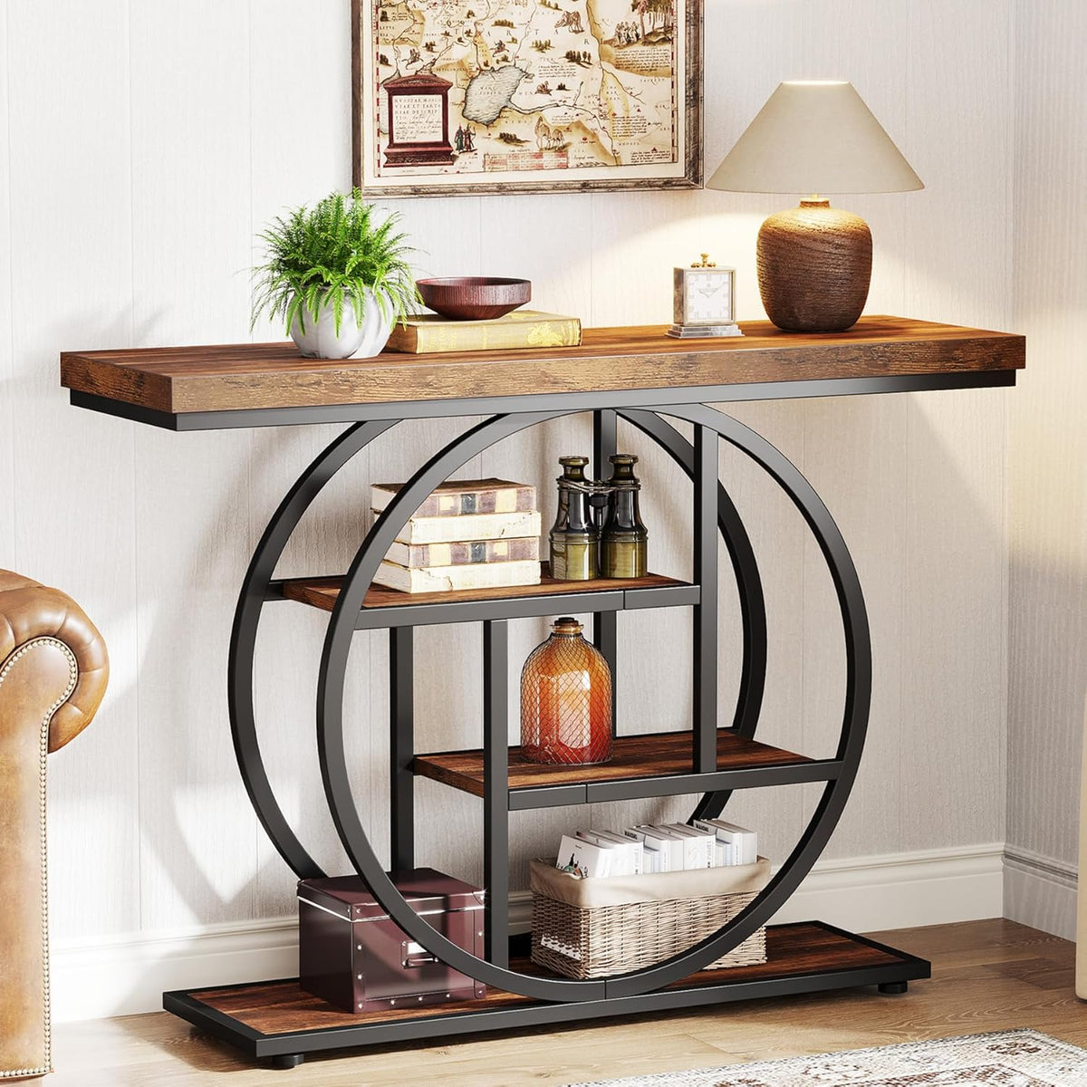 105 cm Industriële Console, 4 Planken met Ronde Basis voor Hal en Woonkamer
