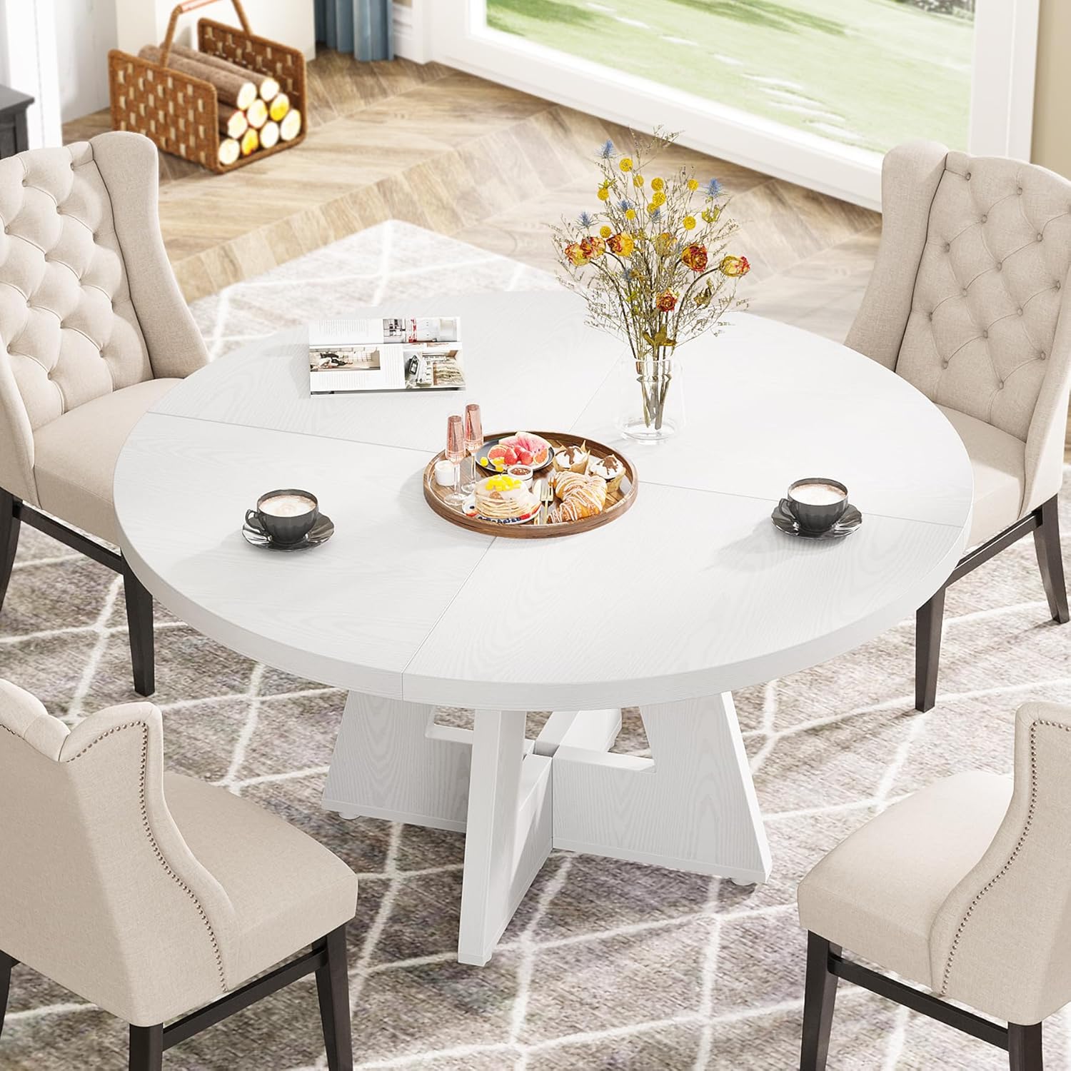 120 cm Ronde Boeren Eettafel, Bruin Houten Tafelblad voor 4 Personen in Keuken of Woonkamer