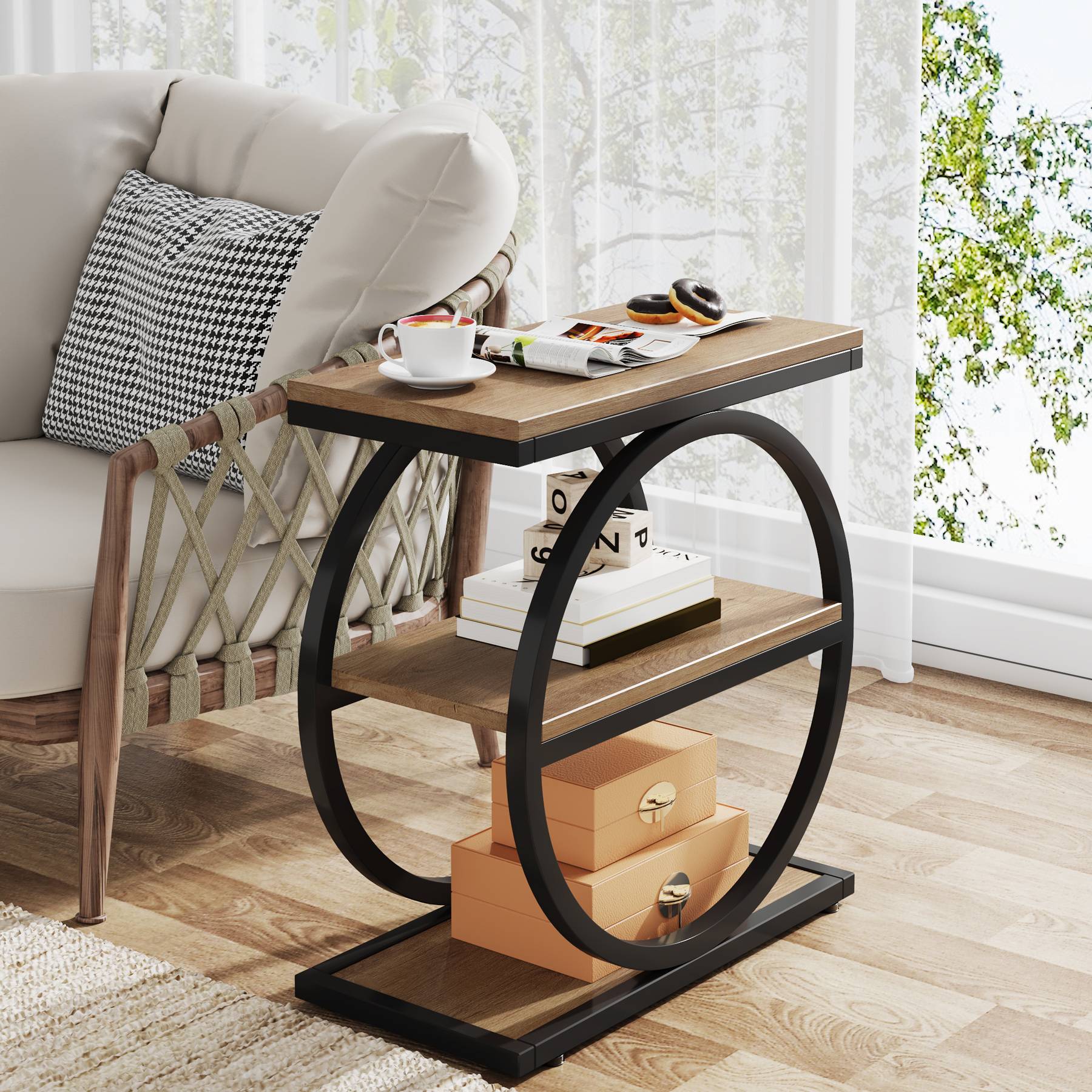 Industriële Bijzettafel met Drie Planken, Smalle Houten Zijtafel met Zwarte Metalen Frame