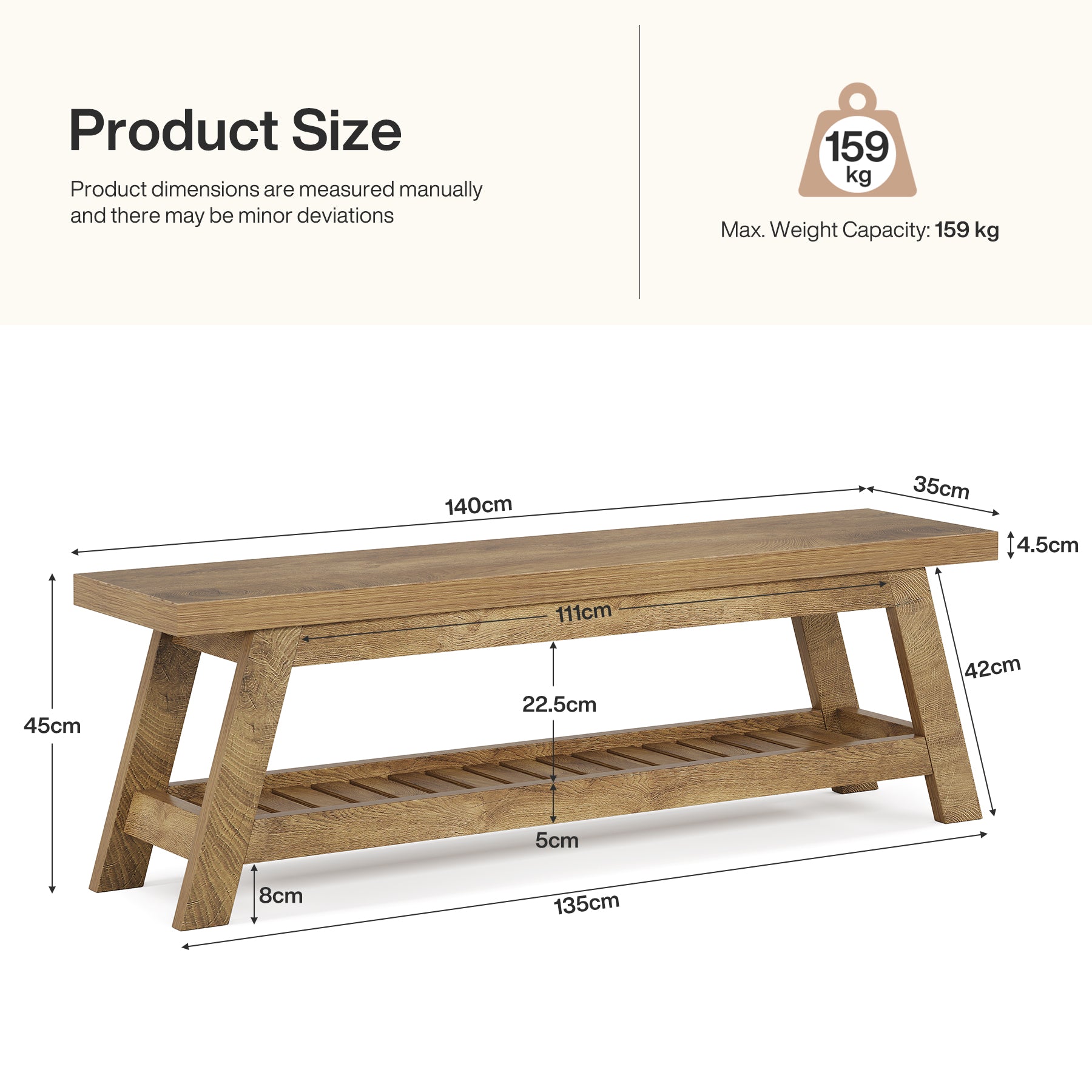 140 cm Houten Halbank met Opbergruimte, Smalle Schoenenbank met 2 Planken