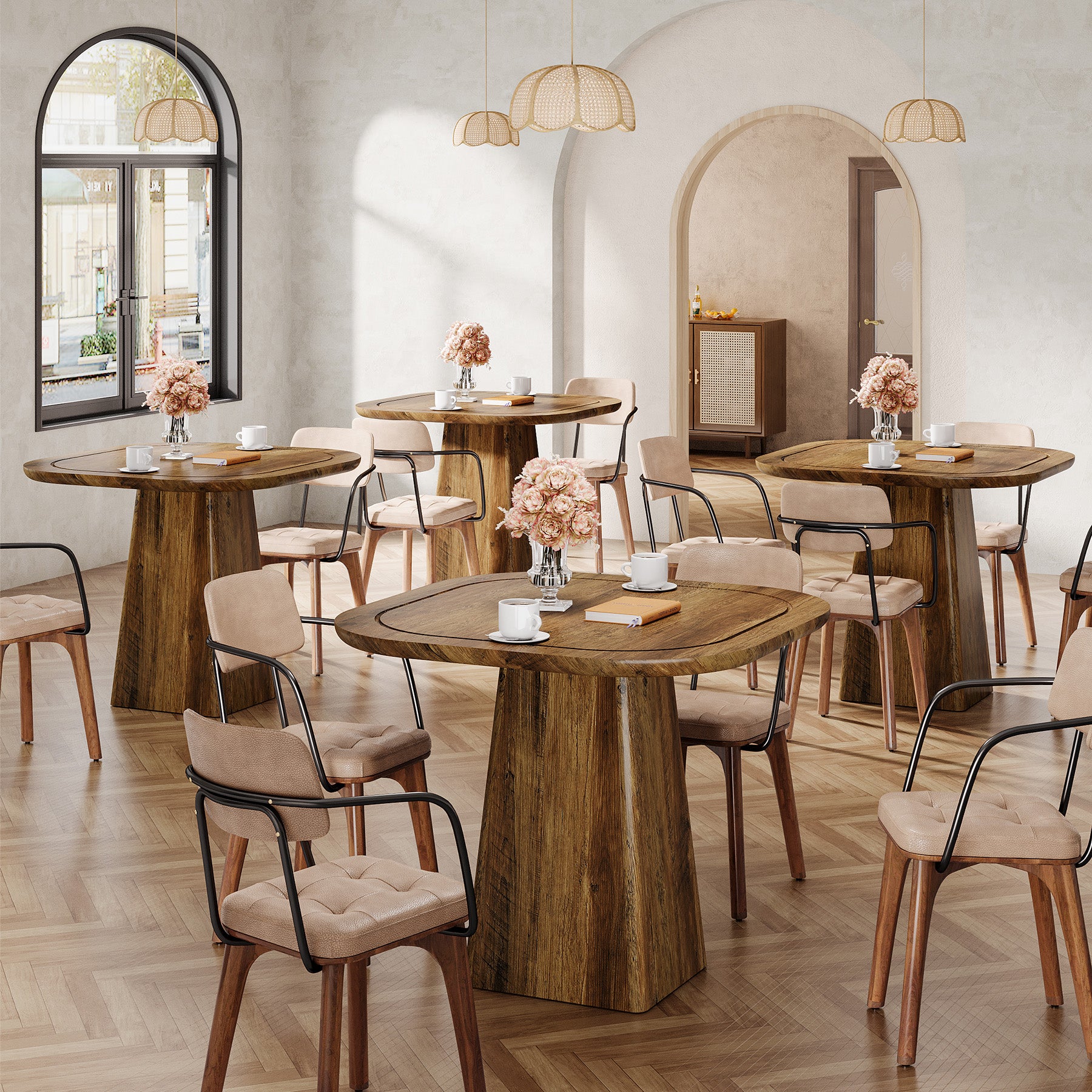 80 cm Vierkante Eettafel voor 2-4 Personen, Landelijke Keukentafel met Centrale Voet