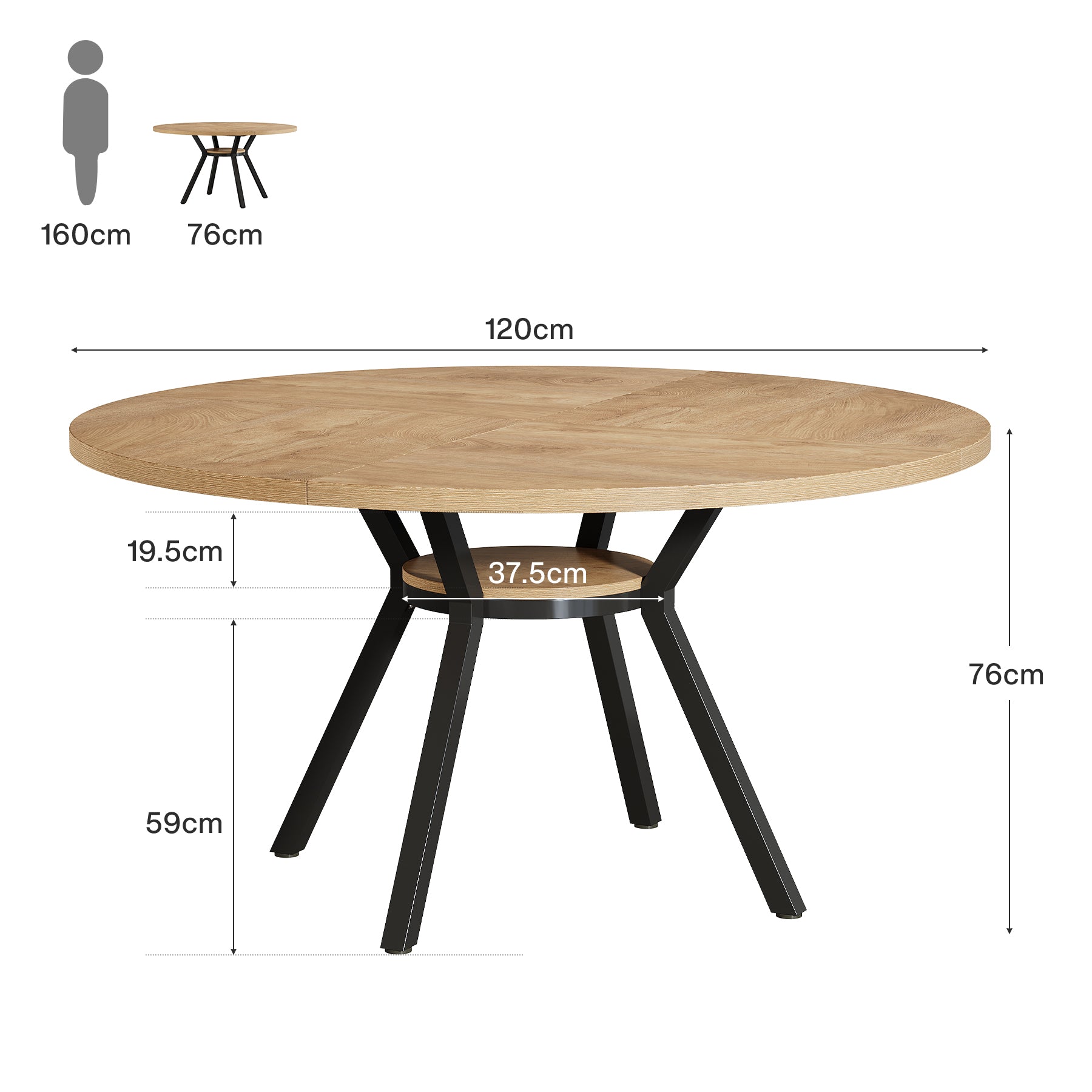 120 cm Eettafel voor 4-6 Personen, Ronde Tafel met Opbergruimte