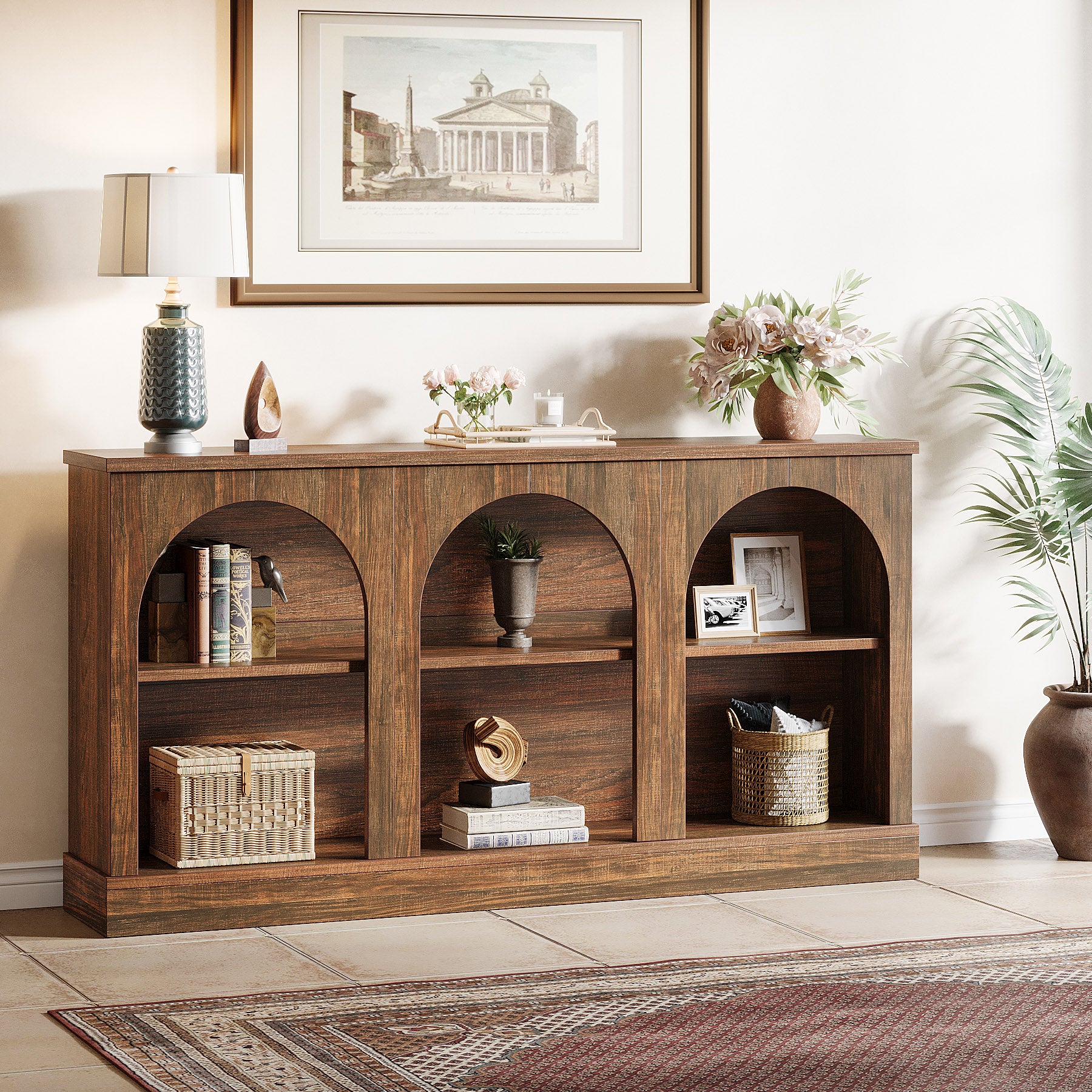 160 cm Boerderij Console, Lange Houten Tafel met Drie Planken voor Hal en Woonkamer