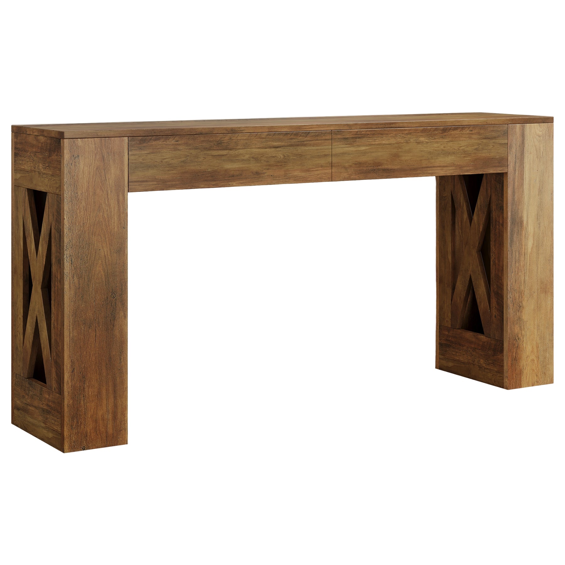 160 cm Consoletafel, Smalle Banktafel met 2 Laden en X-vormige Poten