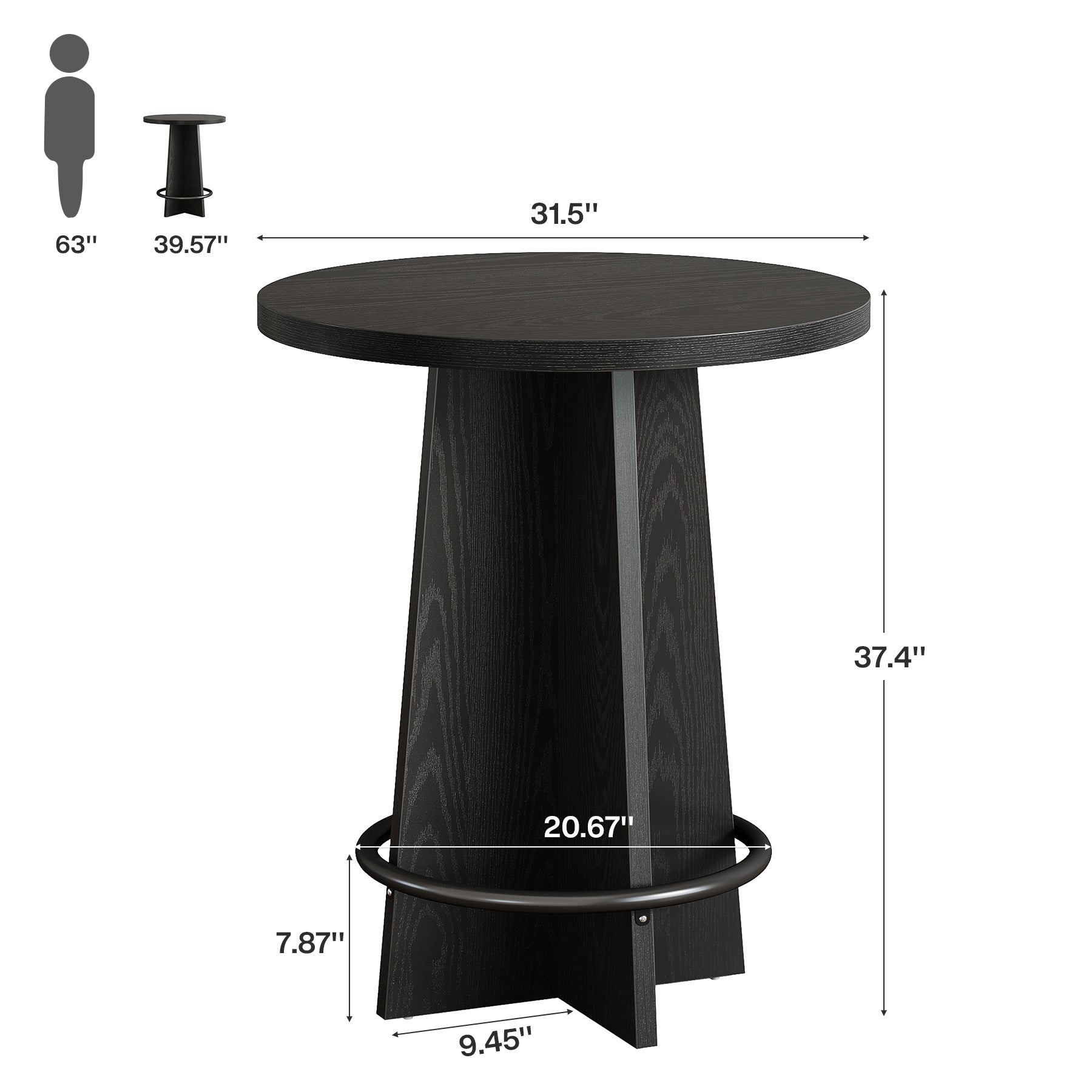80 cm Bar Tafel, Houten Pub Tafel met Metalen Ringvoetsteun