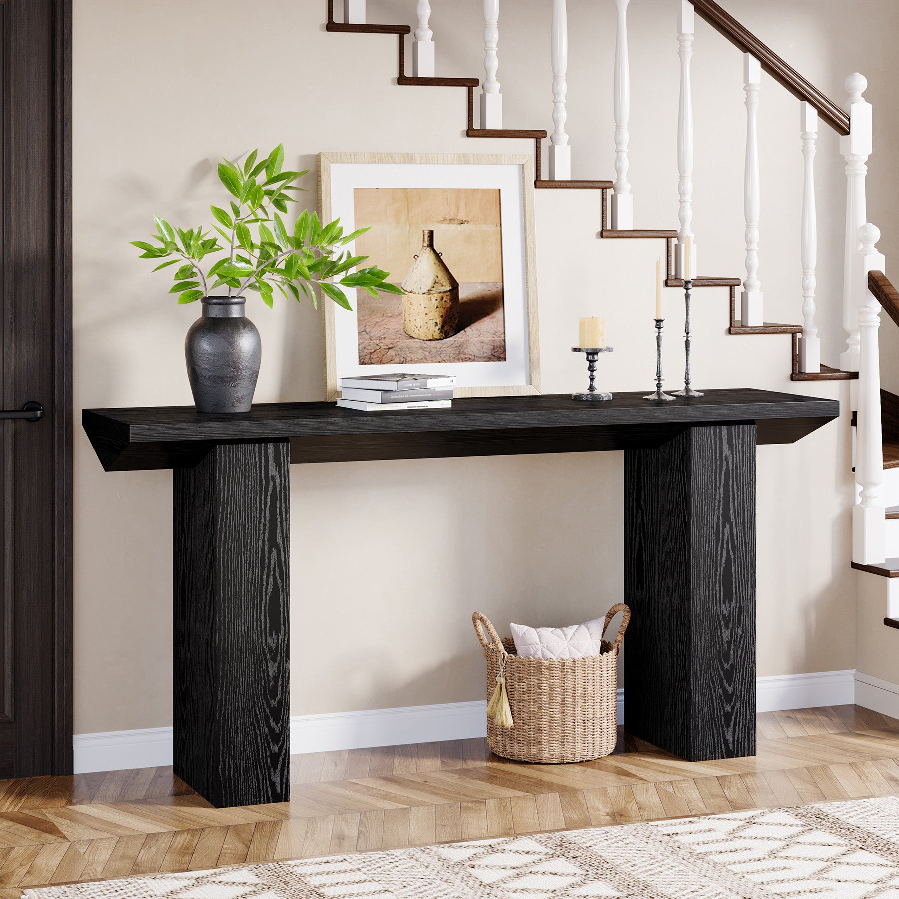 160 cm Smalle Salontafel voor Achter de Bank, Zwart Houten Haltafel voor Woonkamer en Entree