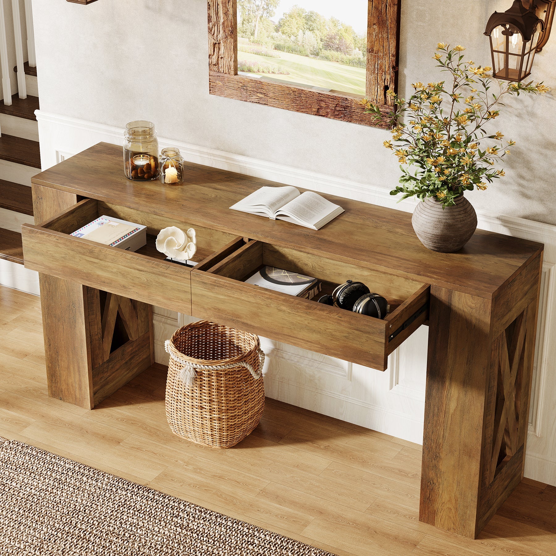 160 cm Consoletafel, Smalle Banktafel met 2 Laden en X-vormige Poten