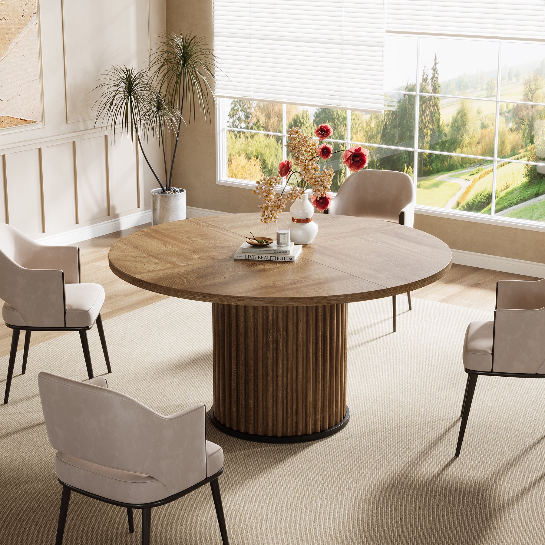 120 cm Zwarte Ronde Eettafel voor 4-6 Personen, Moderne Keukentafel met Metalen Basis
