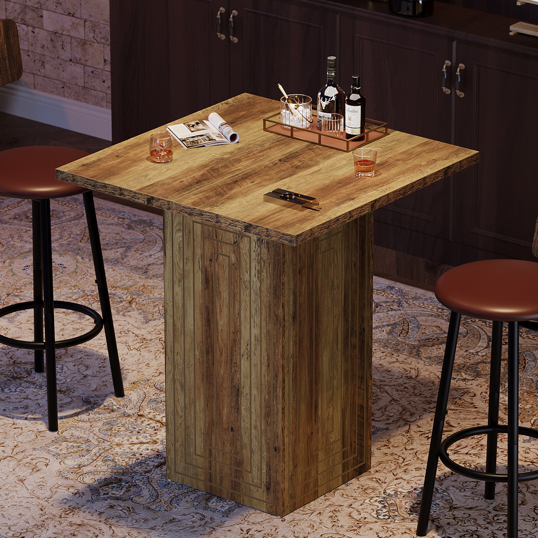 79 cm Vierkante Boerderijstijl Bartafel, Met Geometrisch Patroon voor Keuken en Woonkamer