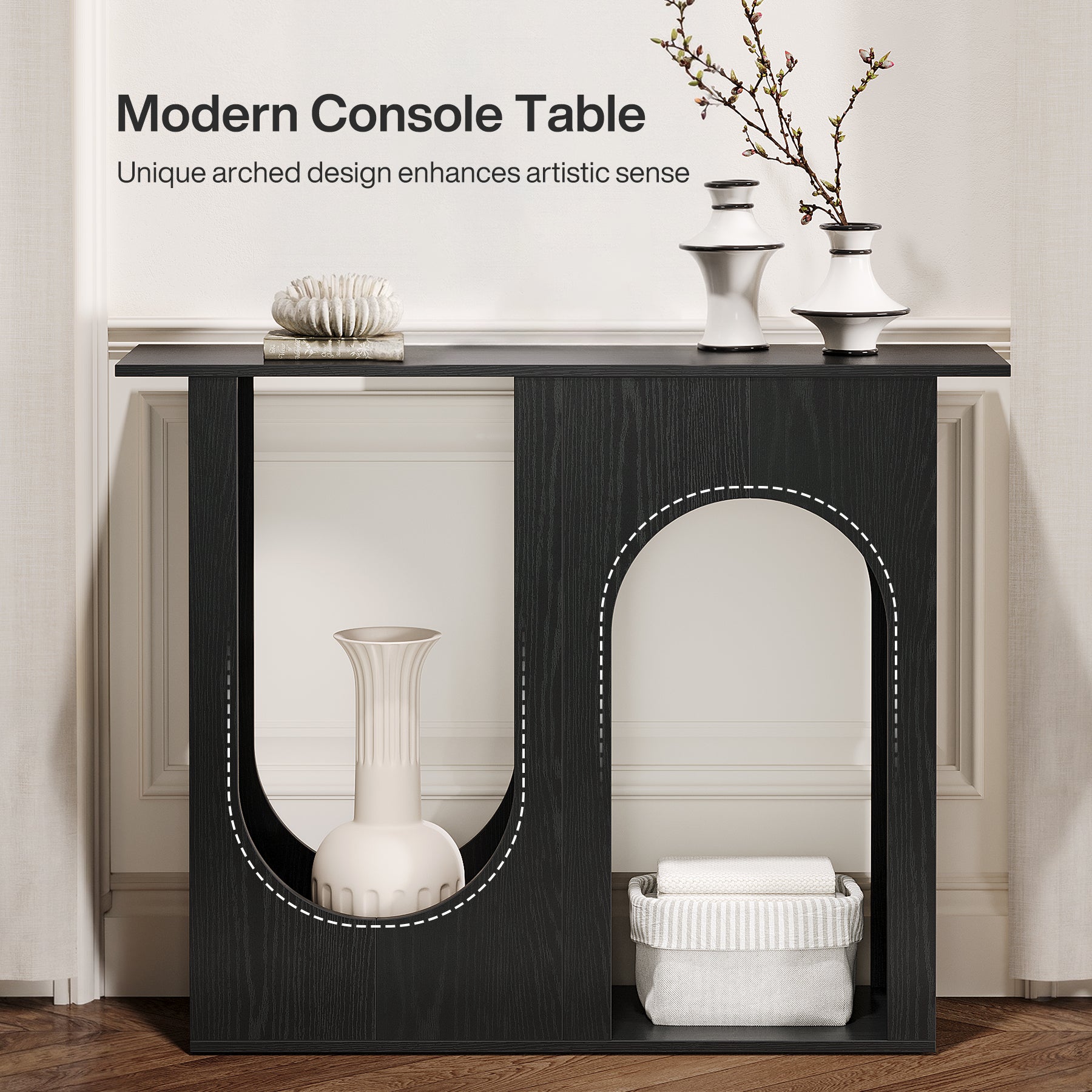 100 cm Zwarte Banktafel, Smalle Consoletafel met Gebogen Design voor Entree en Woonkamer