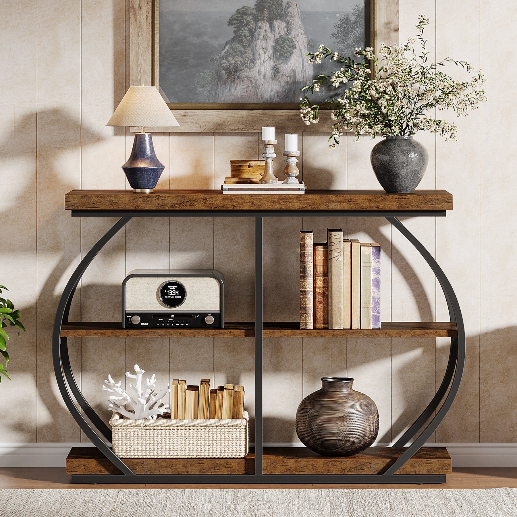 105 cm Industriële Consoletafel met 3 Planken, Gebogen Metalen Frame voor Woonkamer en Hal