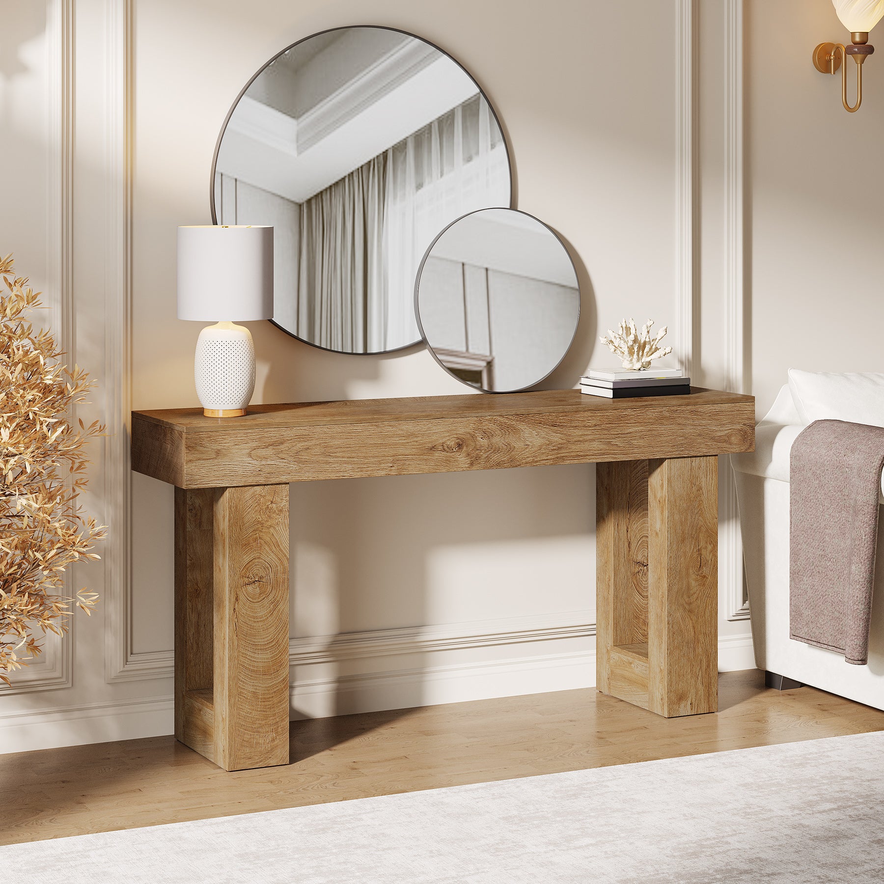 160 cm Landelijke Consoletafel, Natuurhouten Salontafel voor Hal en Woonkamer