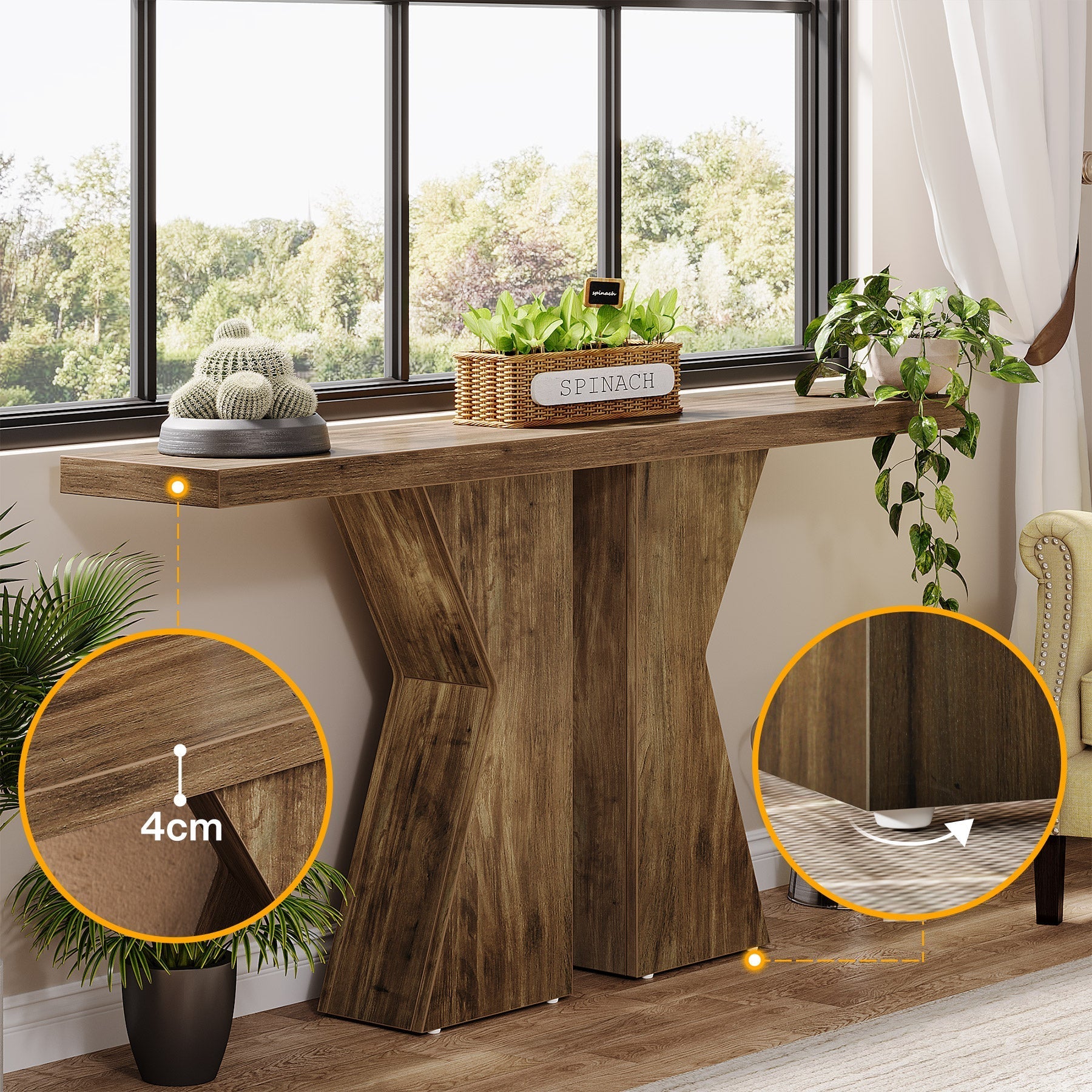 140 cm Boerenstijl Entreetafel, K-Vormig Frame voor Woonkamer en Hal in Rustiek Bruin