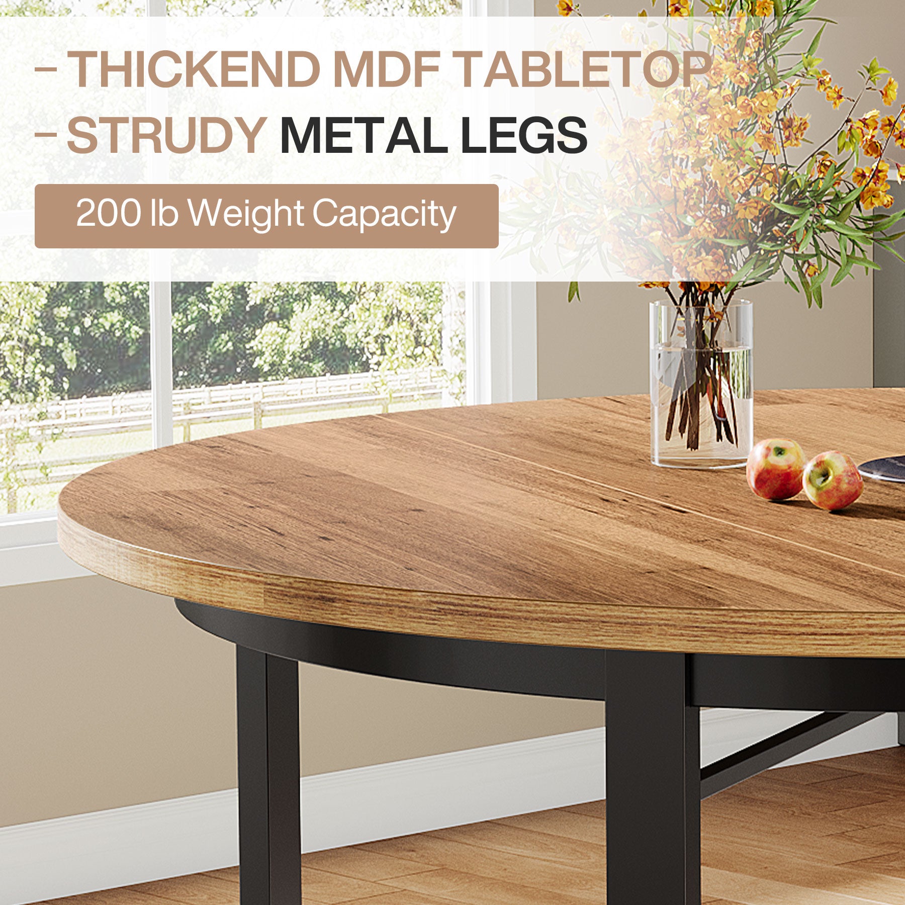 118,5 cm Ronde Eettafel Voor 4-6 Personen, Solide Metalen Poten Voor Keuken of Eetkamer