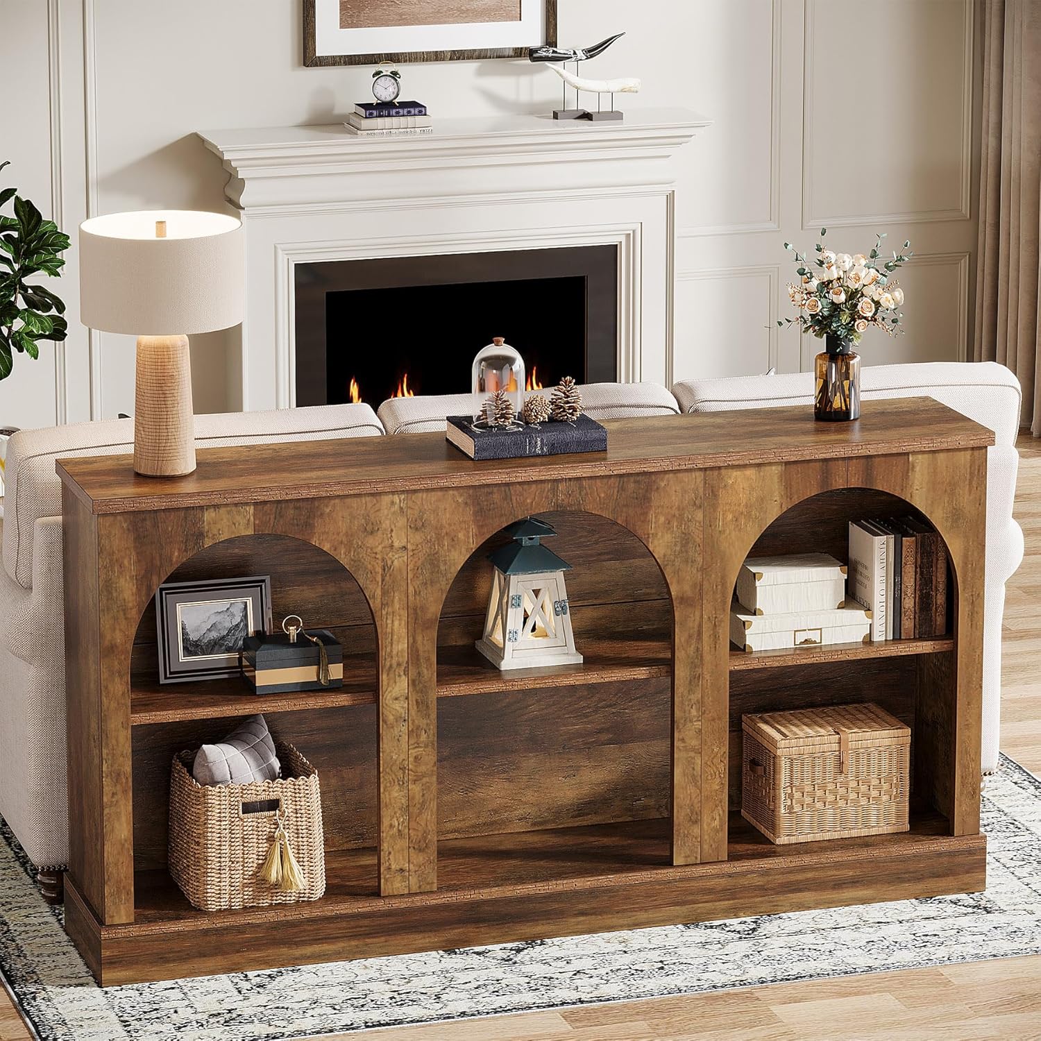 160 cm Boerderij Console, Lange Houten Tafel met Drie Planken voor Hal en Woonkamer