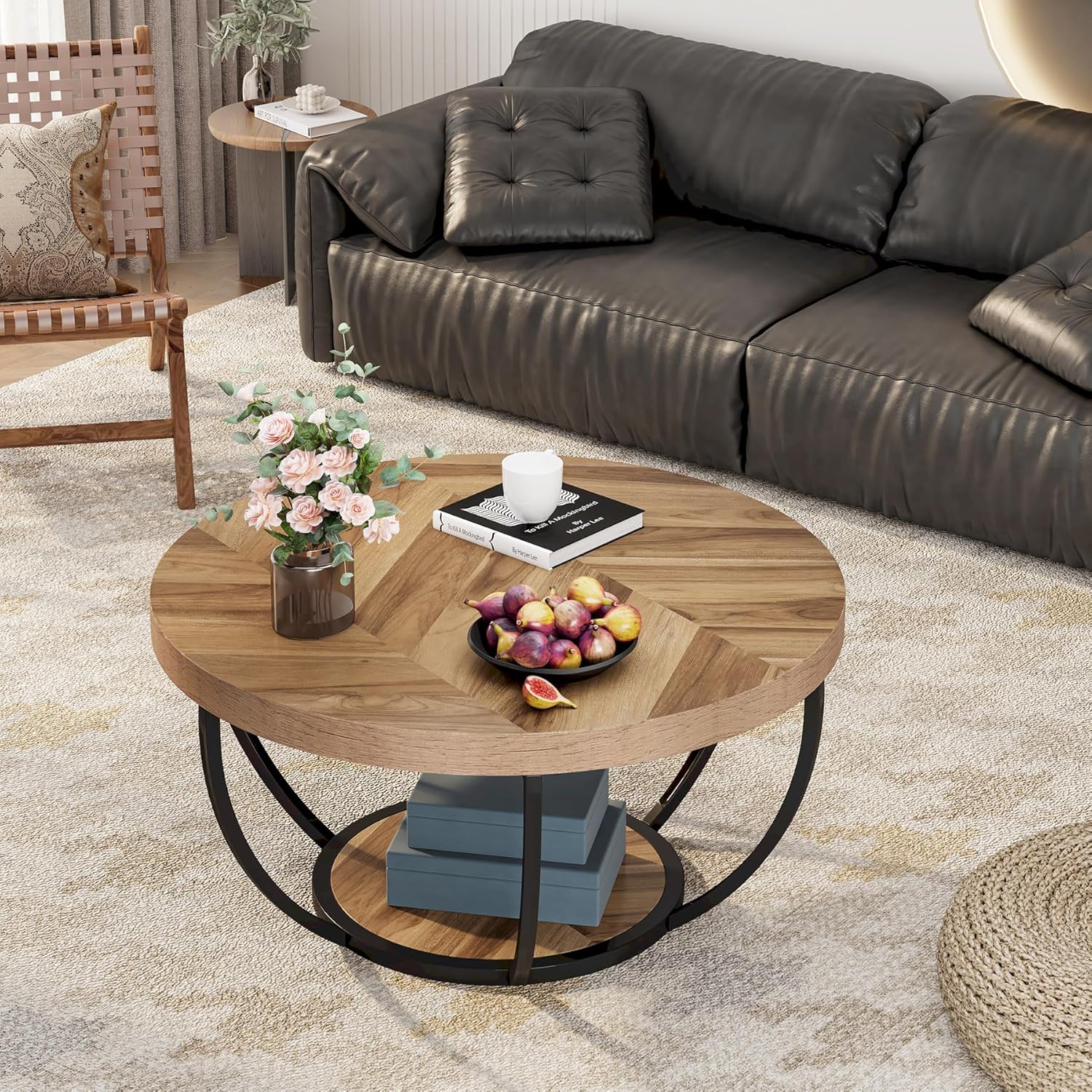80,5 cm Ronde Industriële Salontafel, Tweelaags Middentafel in Rustiek Bruin en Zwart
