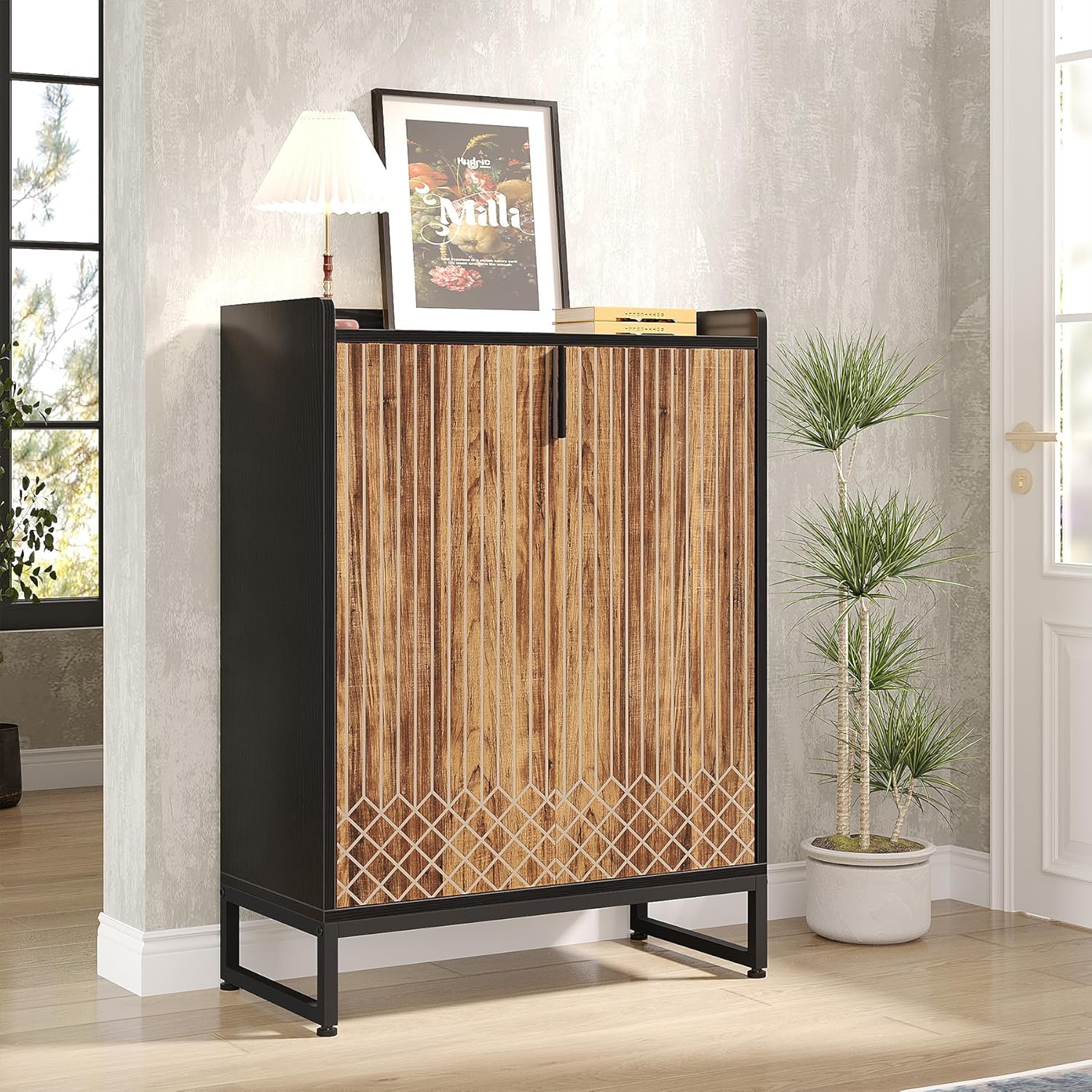 75x35x105 cm moderne schoenenkast, met 2 deuren en 5 laden voor een opgeruimde entree of slaapkamer