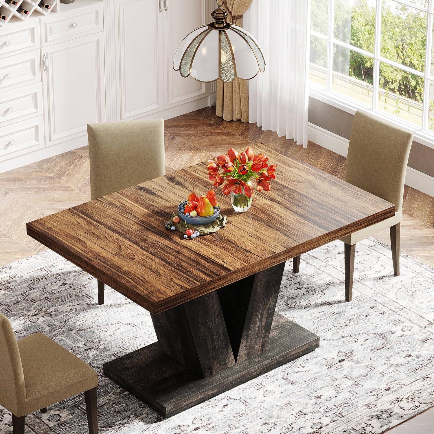 Witte Eettafel voor Vier Personen, 120 cm Landelijke Tafel met Zware Sokkel