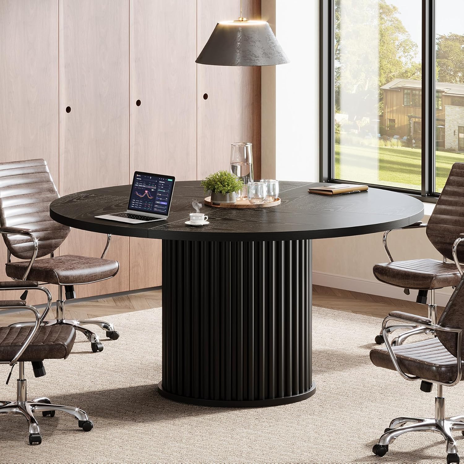 120 cm Zwart Ronde Conferentietafel, Stabiel Bureau voor 4-6 Personen
