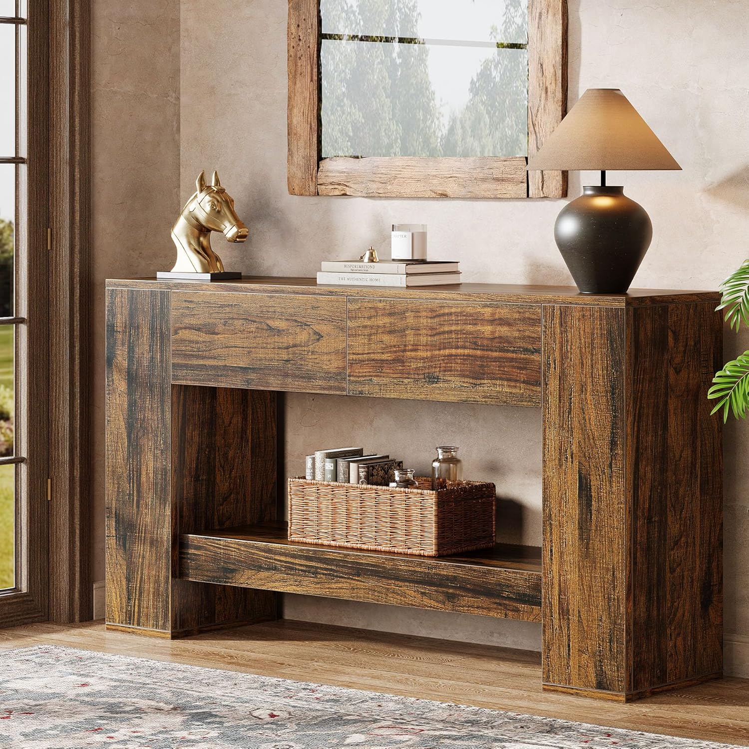 140 cm Rustieke Bruine Consoletafel, Smalle Opbergtafel met 2 Laden en 2 Planken voor Hal en Woonkamer
