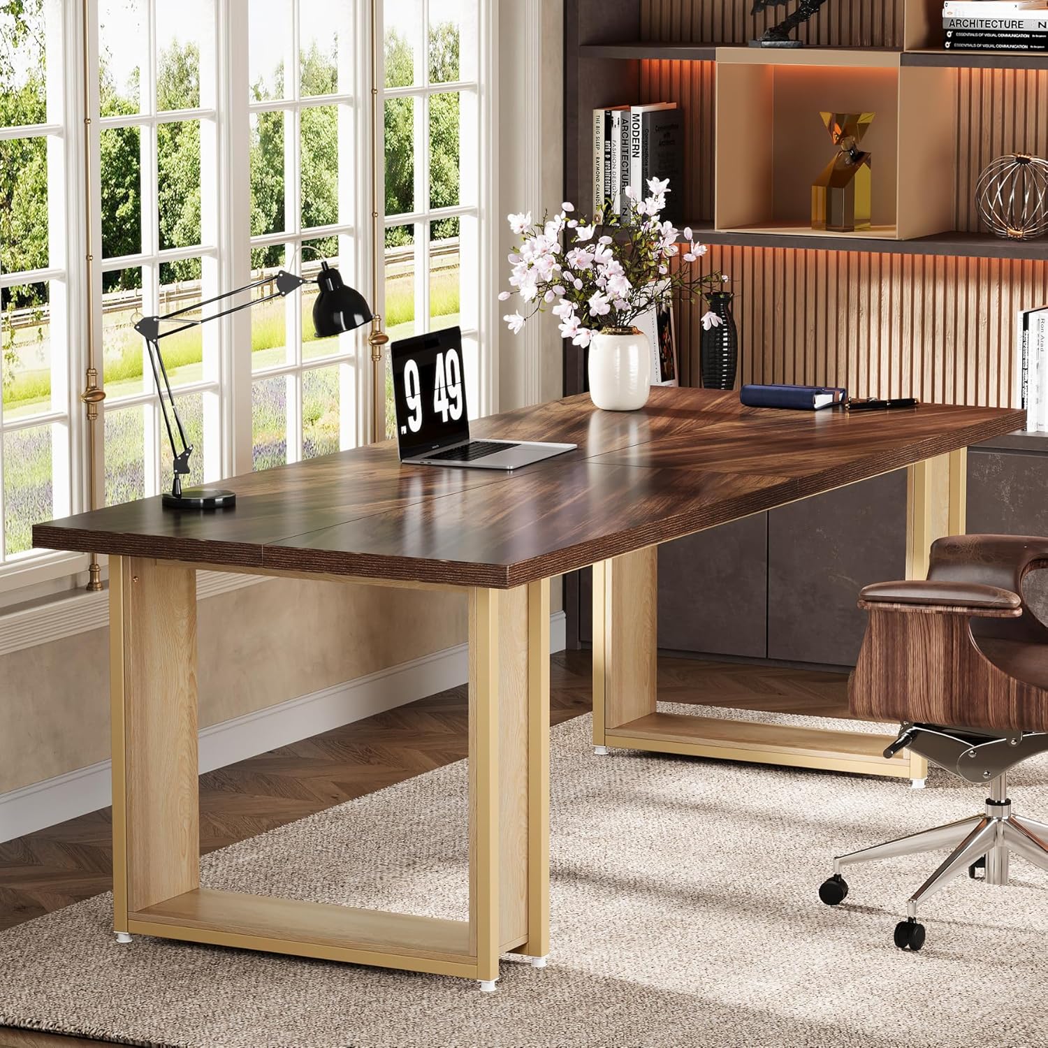 160 cm Kantoor Bureau, Houten Werktafel met Stabiel Metalen Frame in Bruin