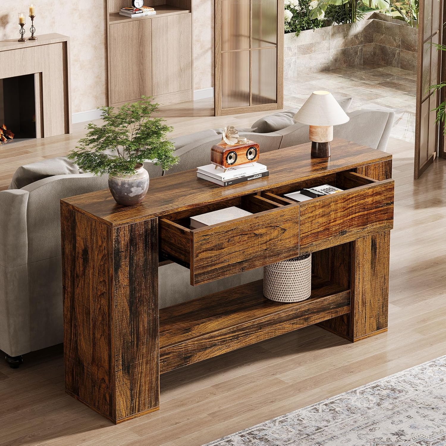 140 cm Rustieke Bruine Consoletafel, Smalle Opbergtafel met 2 Laden en 2 Planken voor Hal en Woonkamer