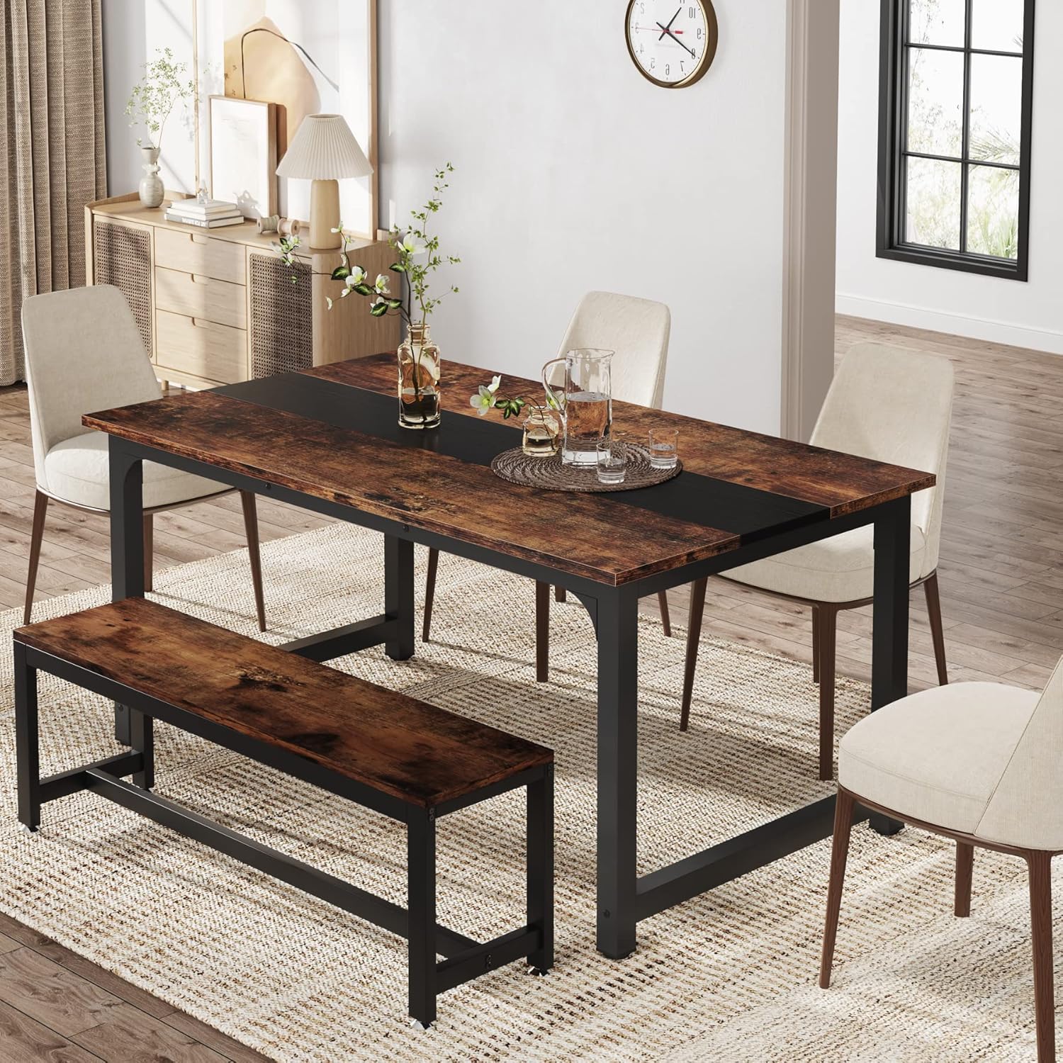 160x80 cm Industriële Eettafel, Landelijke Bruine Tafel voor 4-6 Personen met Metaal Frame