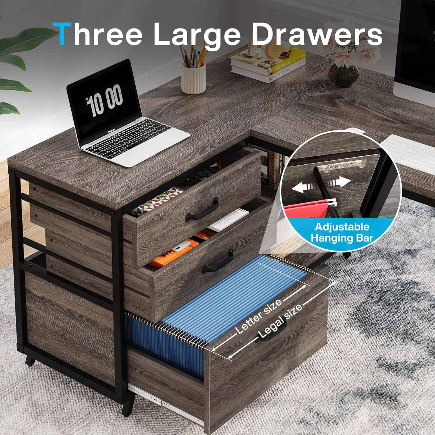 150 cm L-vormig Bureau, Met 4 Laden en 2 Planken voor Kantoor en Werkkamer
