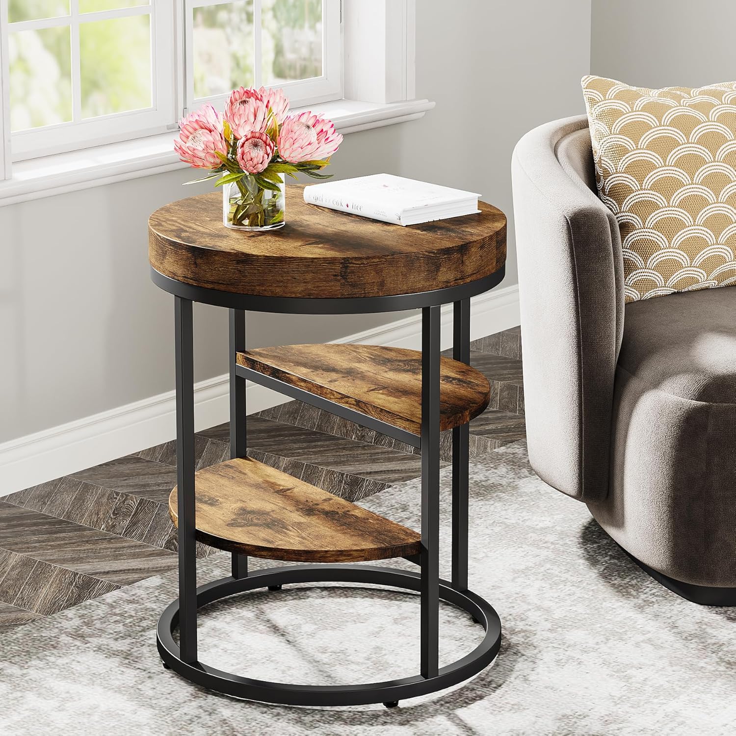 50 cm Ronde Bijzettafel met 3 Opbergplanken, Industriële Sofa- en Nachtkasttafel in Rustiek Bruin