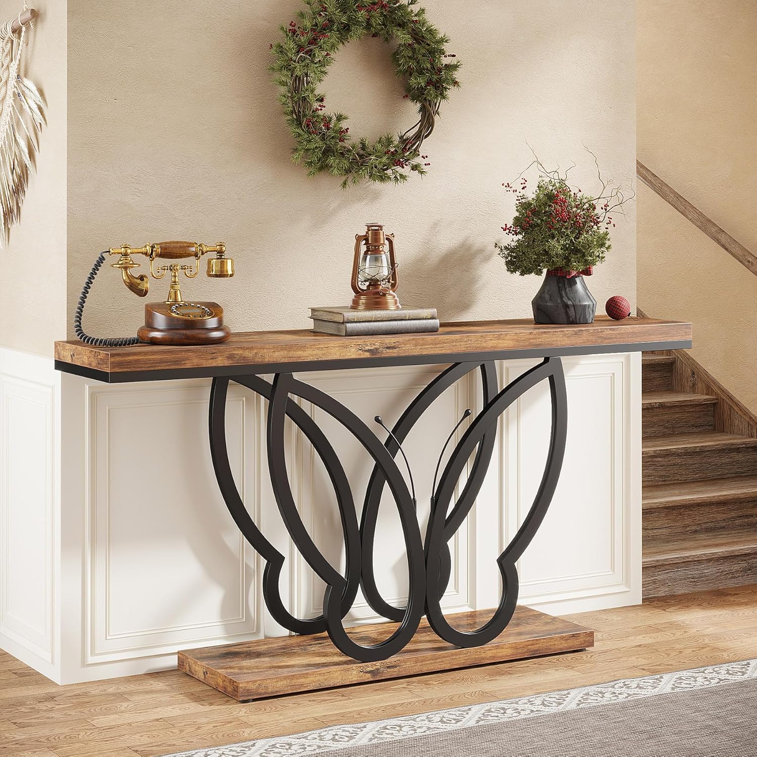 Tribesigns Consoletafel 140 cm Smal, Landelijke Haltafel met Metalen Frame