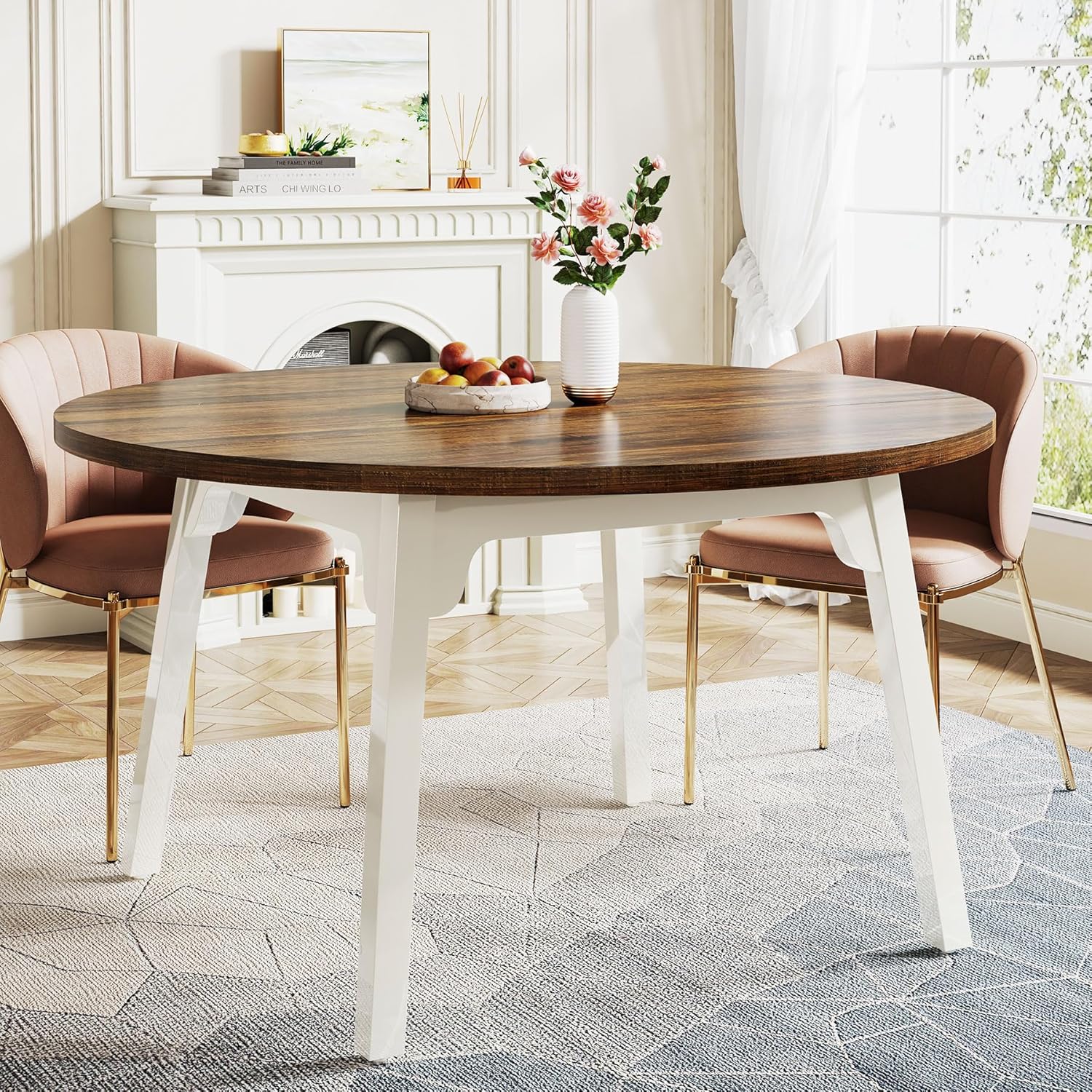 Tribesigns 120 cm Ronde Industriële Eettafel Wit Blad Massief Houten Poten