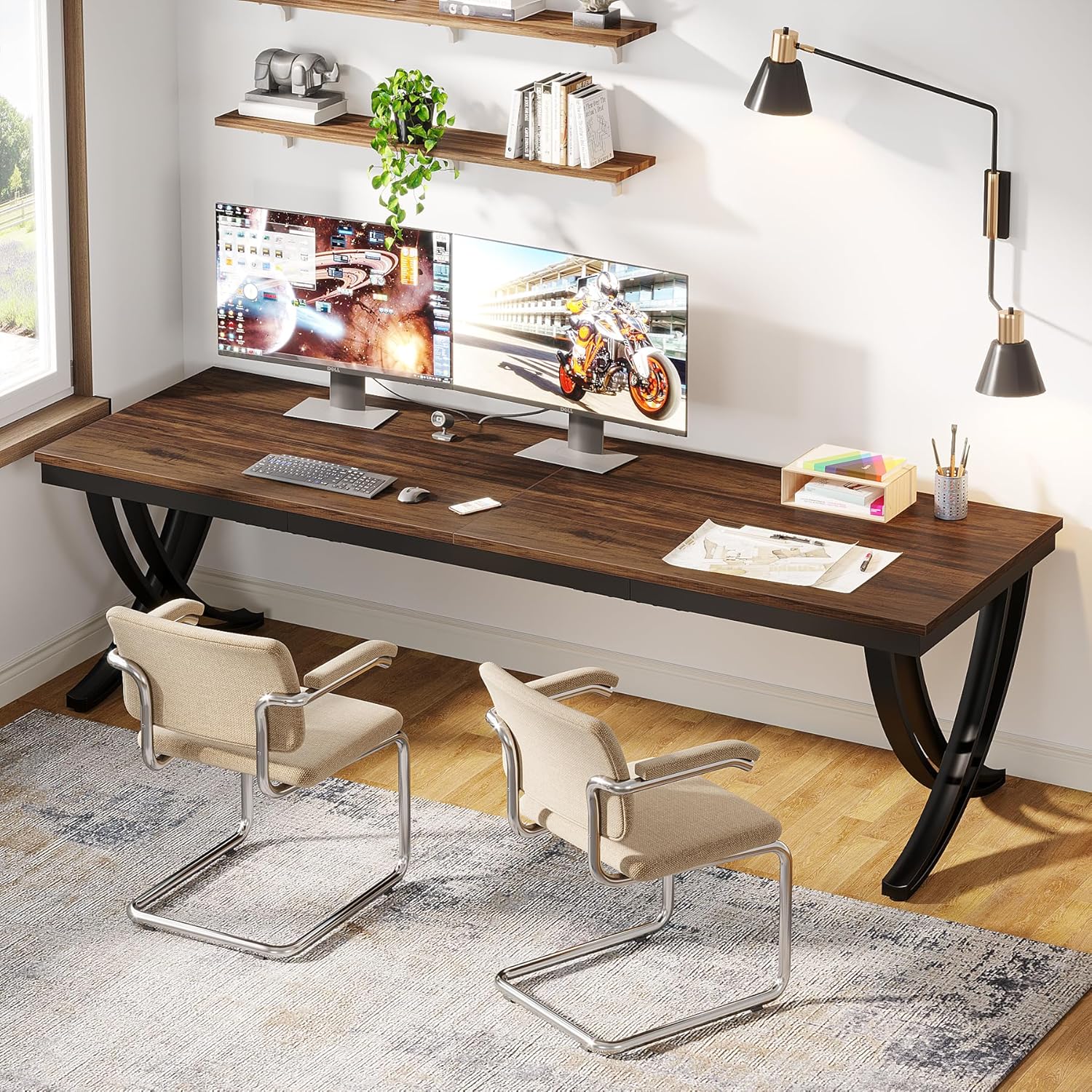 200 cm Bureau voor Twee Personen, Landelijke Computer Tafel met Stijlvolle Poten