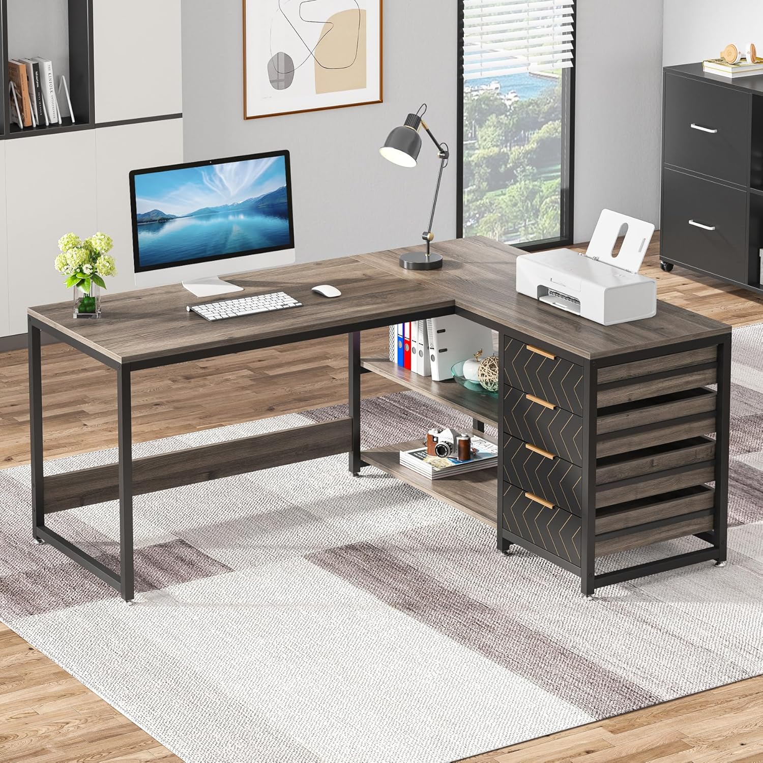 150 cm L-vormig Bureau, Met 4 Laden en 2 Planken voor Kantoor en Werkkamer