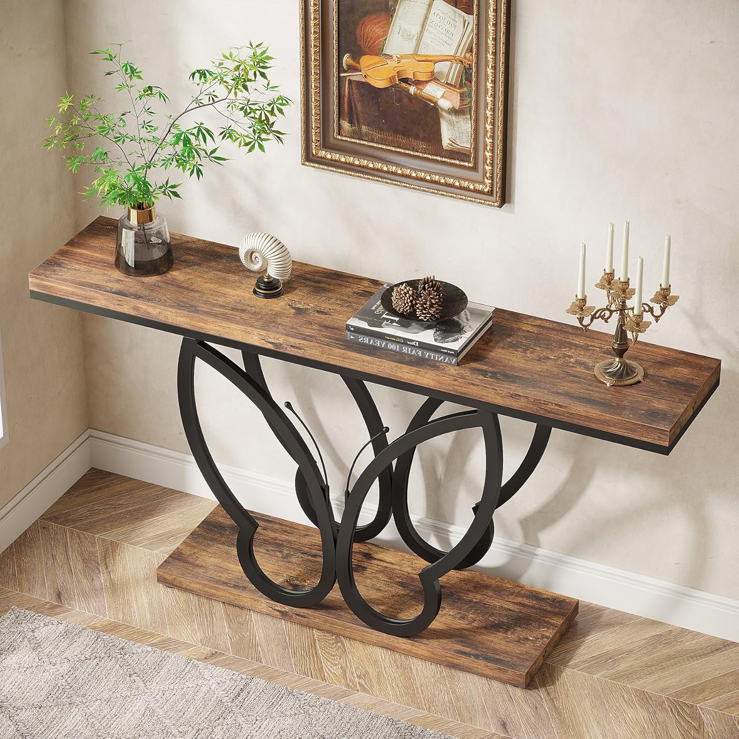 Tribesigns Consoletafel 140 cm Smal, Landelijke Haltafel met Metalen Frame