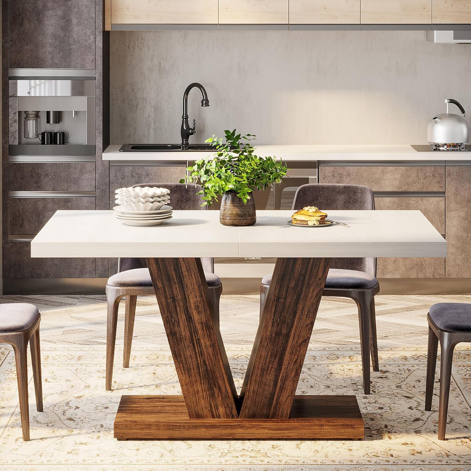 Witte Eettafel voor Vier Personen, 120 cm Landelijke Tafel met Zware Sokkel