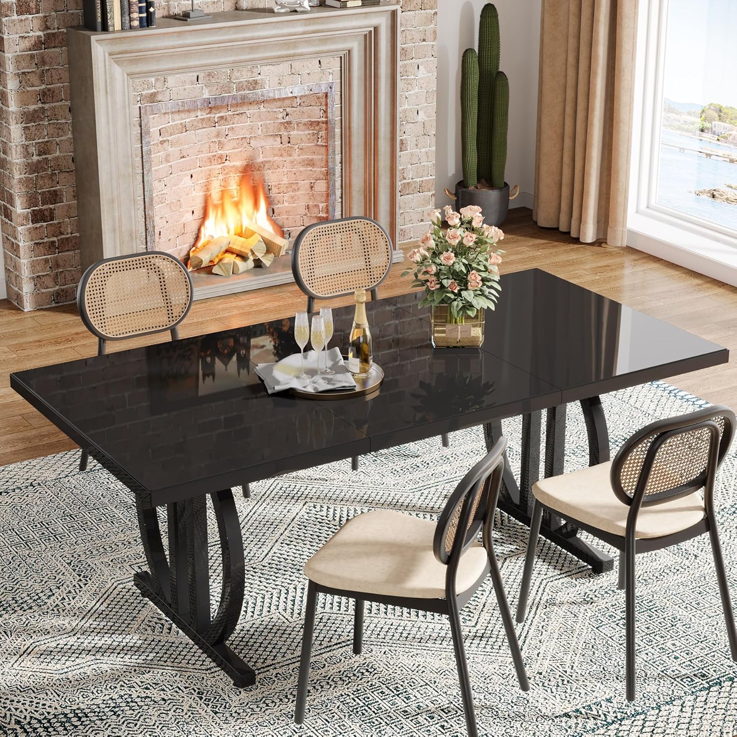 Zwarte Eettafel 160 cm met Metalen Frame, Industrieel Ontwerp voor 4-6 Personen