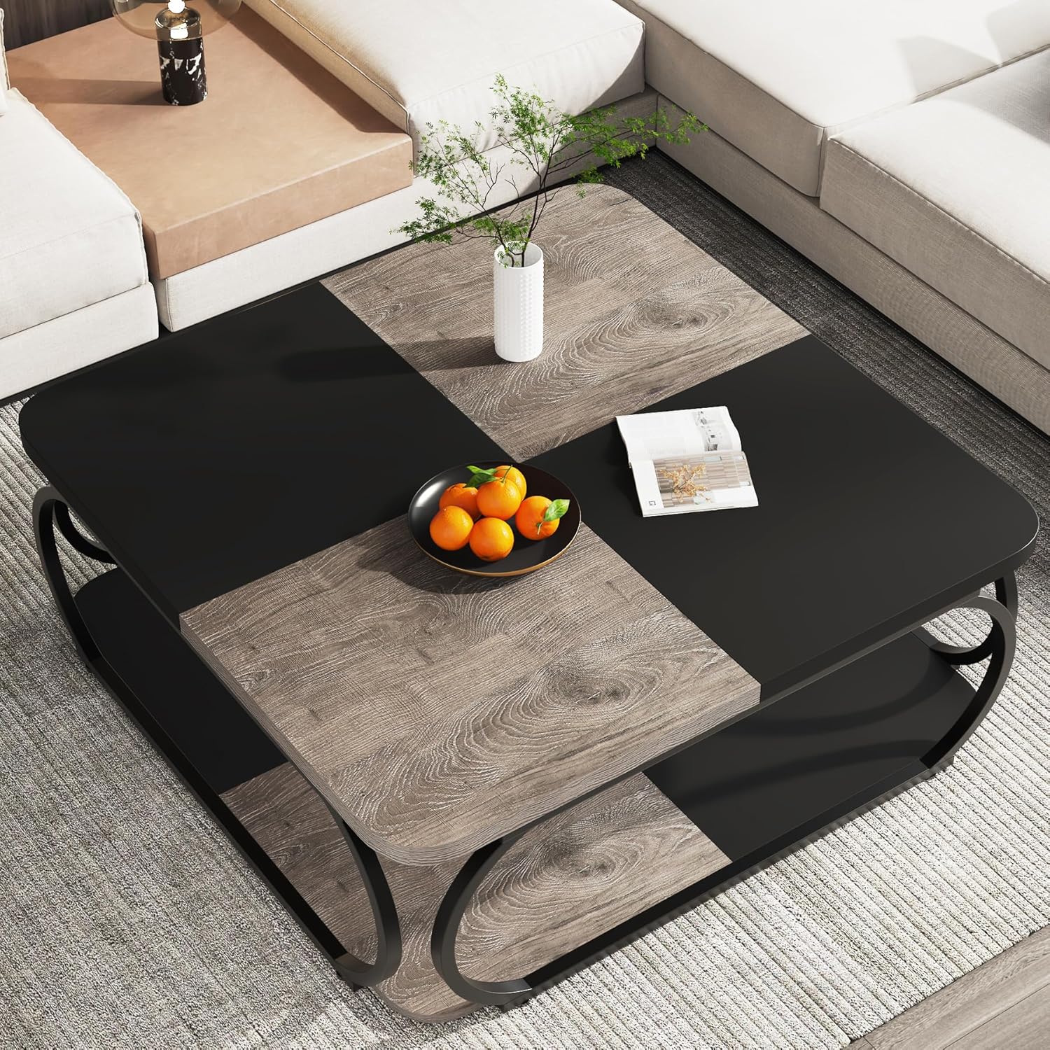 100 cm Vierkante Salontafel met Dubbele Planken, Landelijke Tafel met Metal Frame