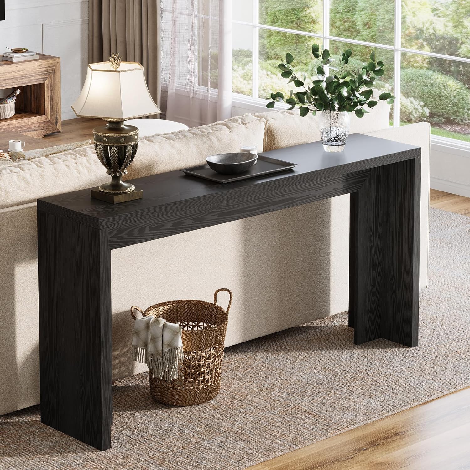 140 cm Farmhouse Console Tafel, Houten Banktafel met Opbergruimte Voor Woonkamer