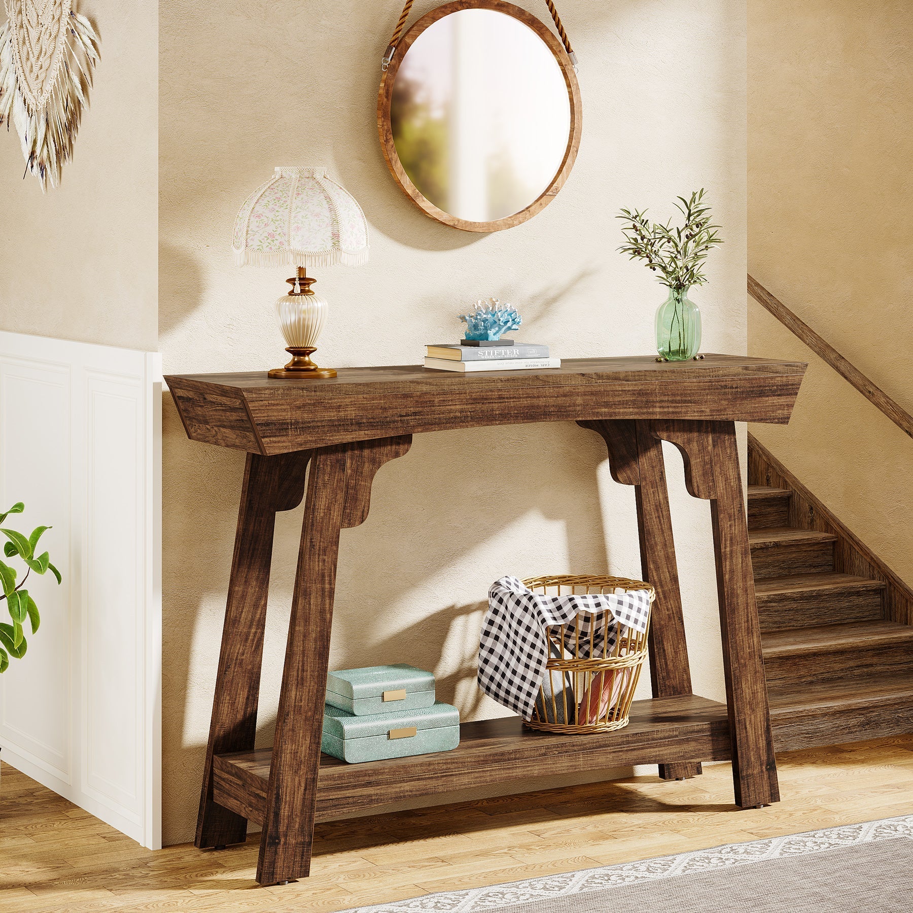 103 cm Landelijke Consoletafel met Opbergrek, Tribesigns Smalle Banktafel van Hout
