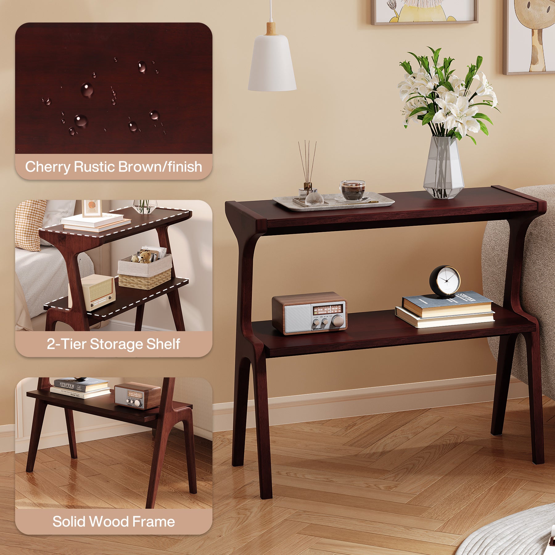 70 cm Tribesigns Bijzettafel van Massief Hout, Smalle 2-Laagse Tafel met Legplanken