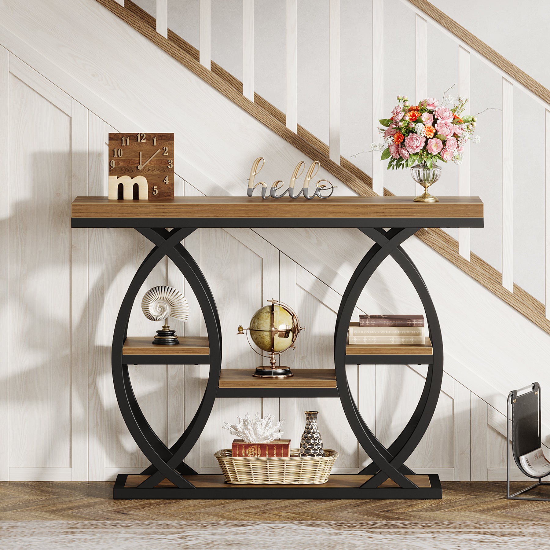 Industrieel Consoletafel 100 cm met 4 Opbergplanken, Smalle Houten Bijzettafel voor hal en Kleine Ruimtes