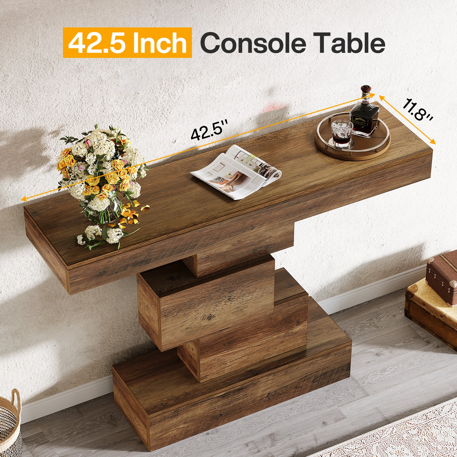 108 cm Landelijke Console, Industriële Bijzettafel met Geometrische Basis voor Hal en Woonkamer