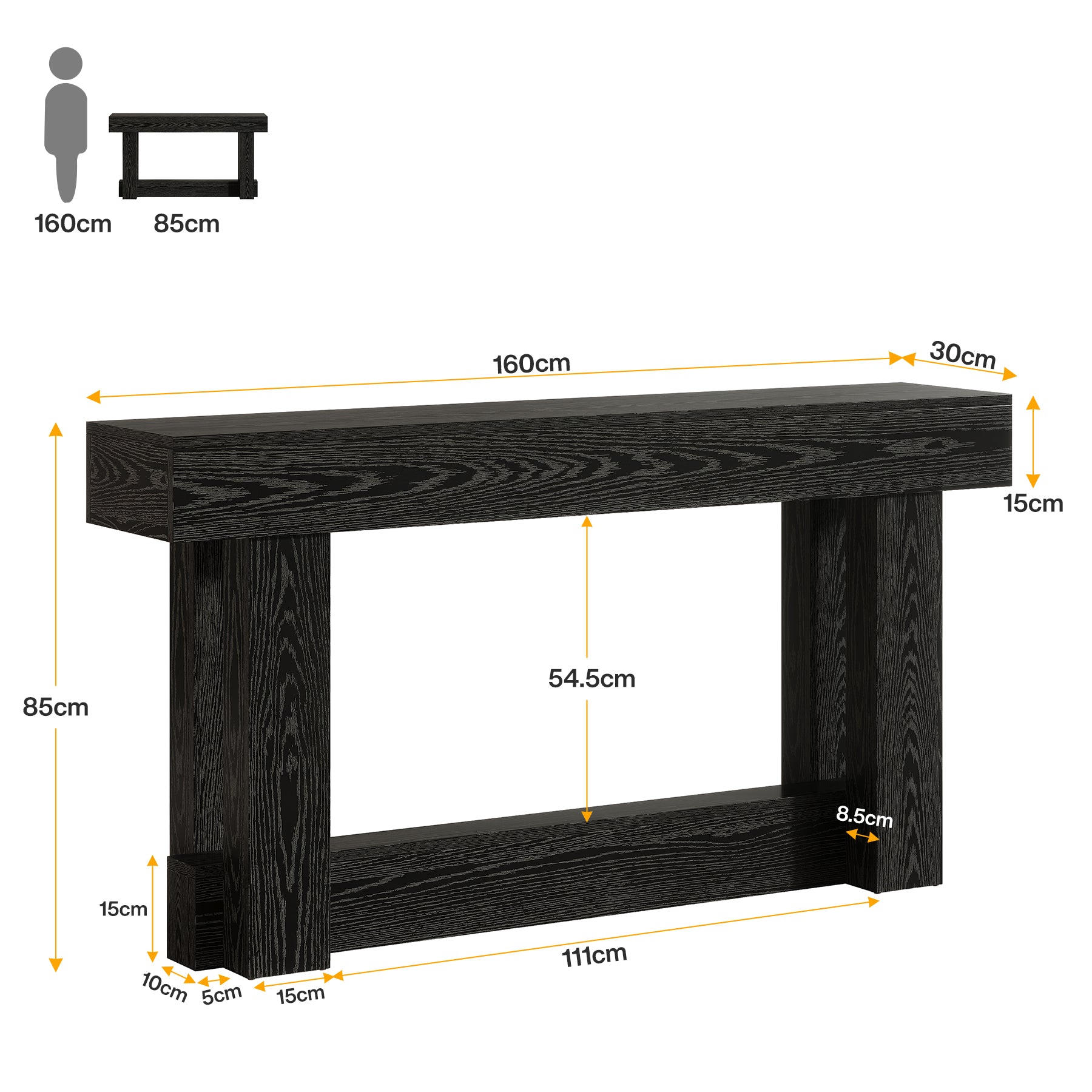 160 cm Lange Consoletafel met Opbergruimte, Tweelaags Bijzettafel in Warmbruin achter de Bank