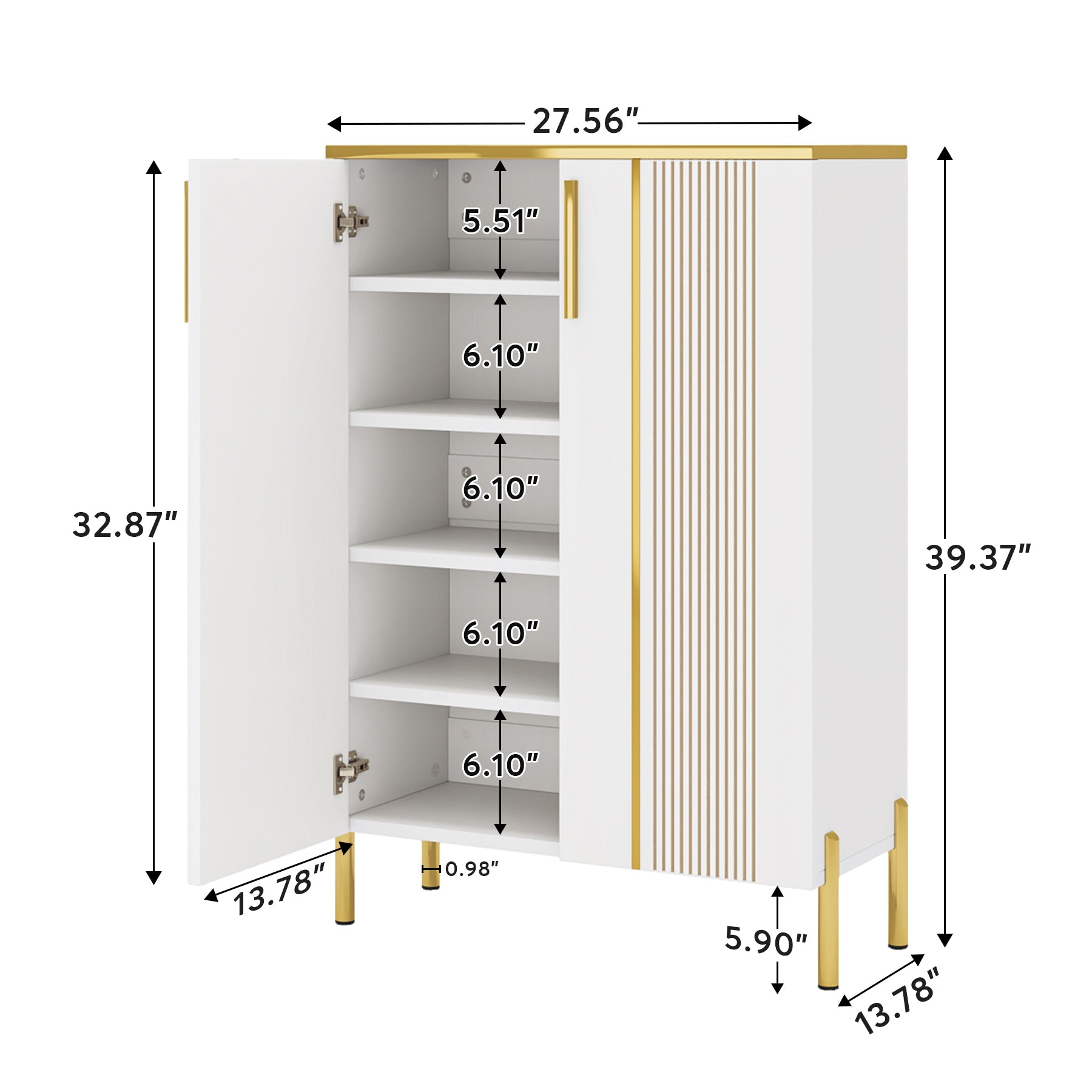 120 cm Hoge Schoenenkast, Witte Opbergmeubel met Zes Planken en Gouden Accenten