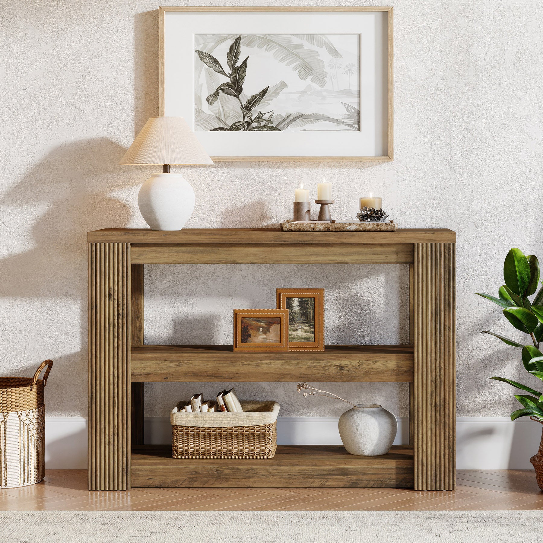 105 cm Landelijke Consoletafel met 3 Planken, Smalle Banktafel