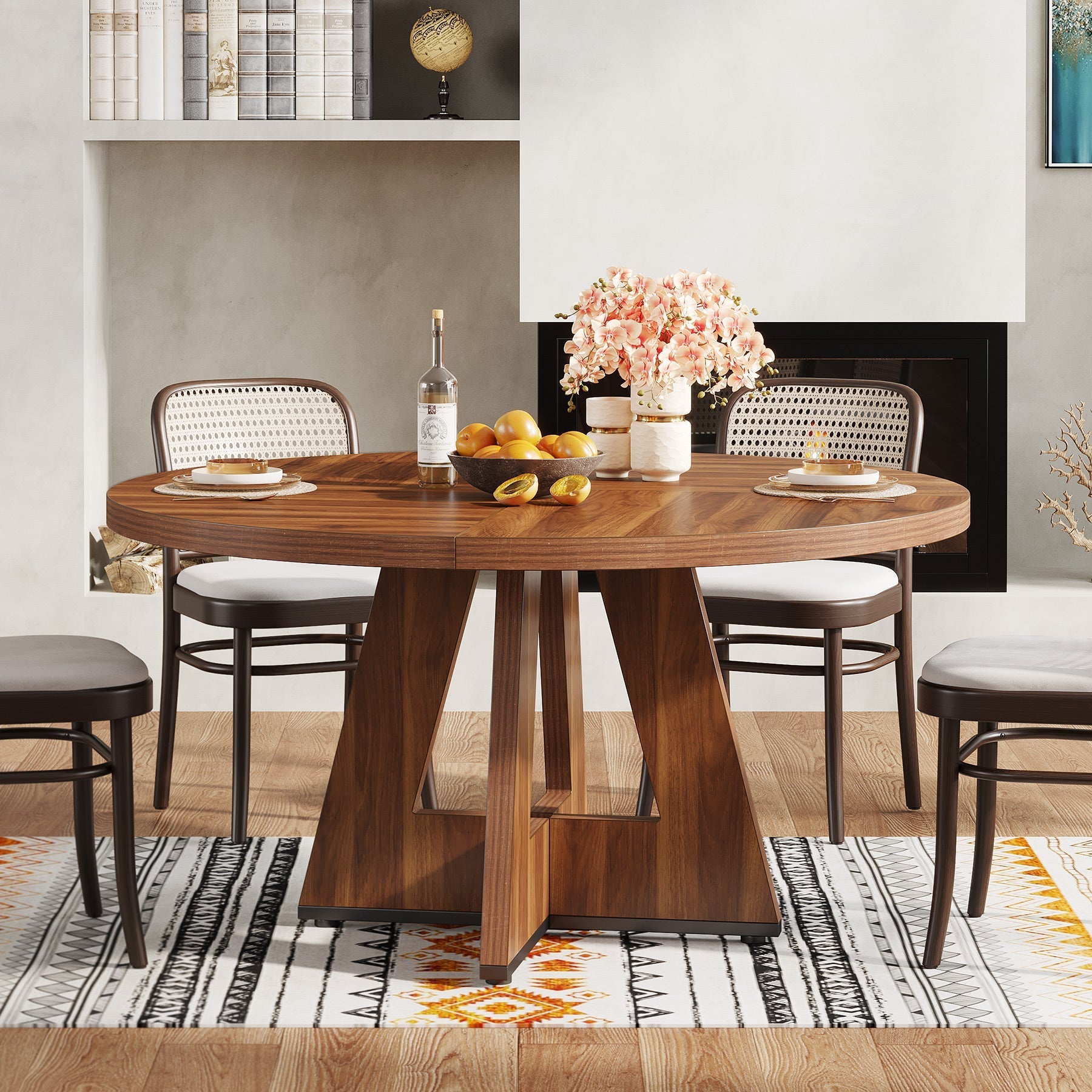120 cm Ronde Boeren Eettafel, Bruin Houten Tafelblad voor 4 Personen in Keuken of Woonkamer