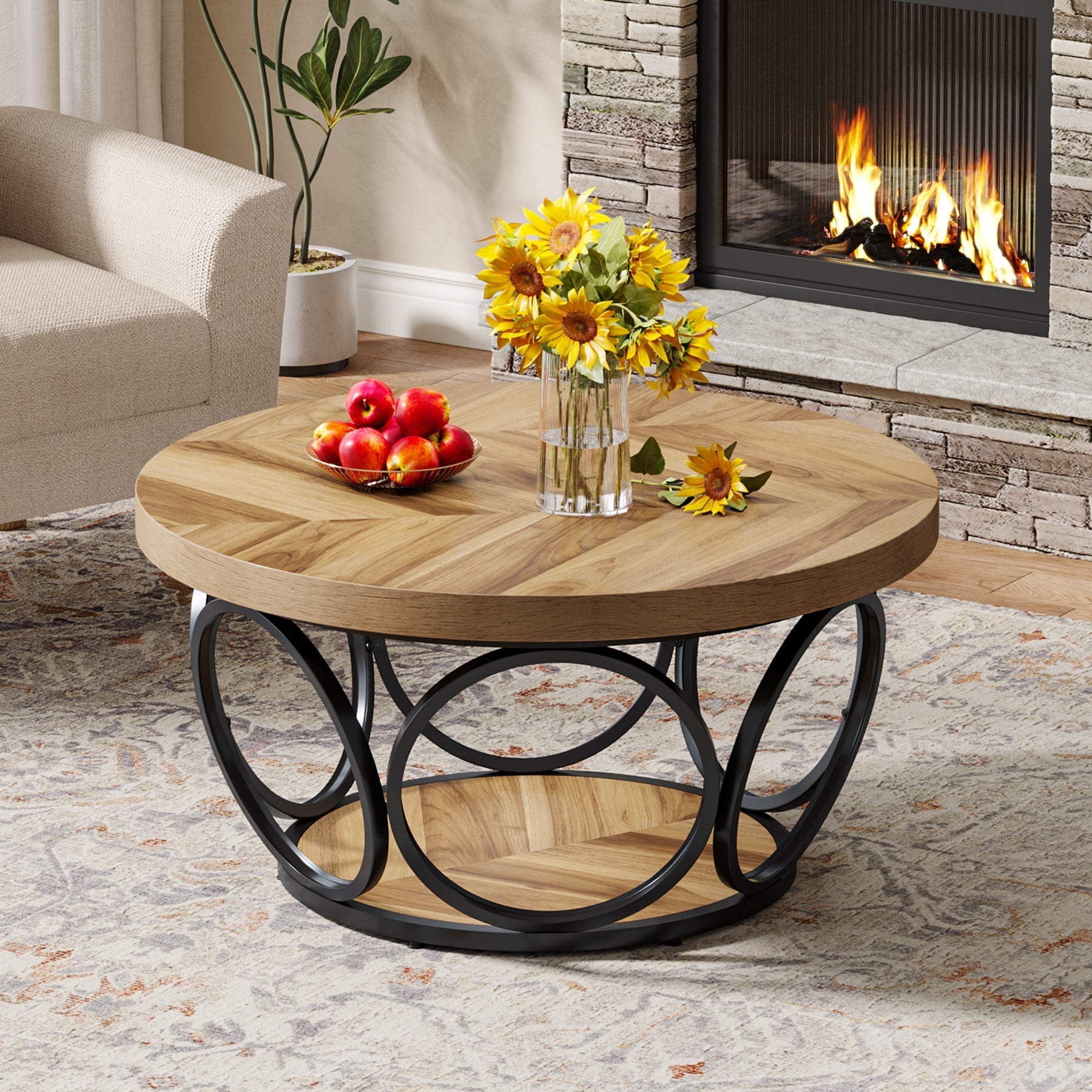 80 cm Ronde Salontafel, Landelijke Tafels met Dubbele Opbergplanken in Houtstructuur