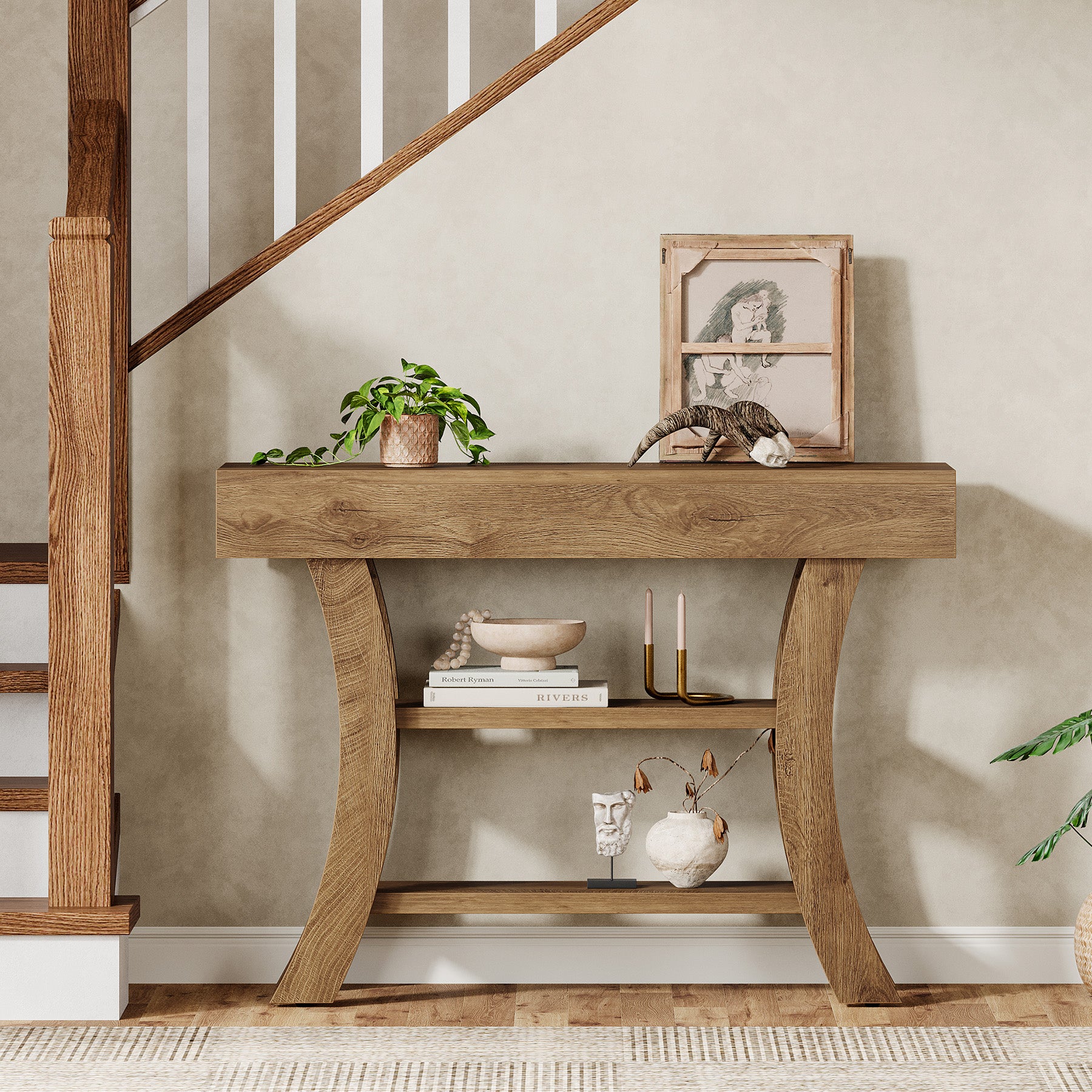 105 cm Landelijke Consoletafel, Drieplanken Salontafel met Gebogen Frame voor Hal