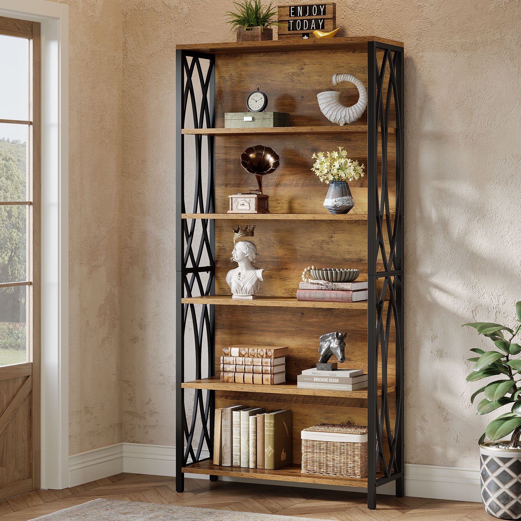6-lags Boekenkast, 180 cm Industriële Boekenkast met Geometrisch Metalen Frame