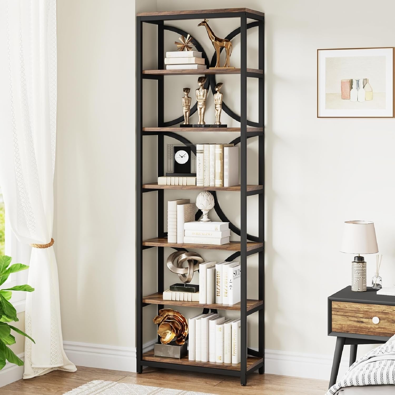 200 cm Hoge Boekenkast, Industriële Boekenplank met Zes Planken voor Woonkamer en Kantoor